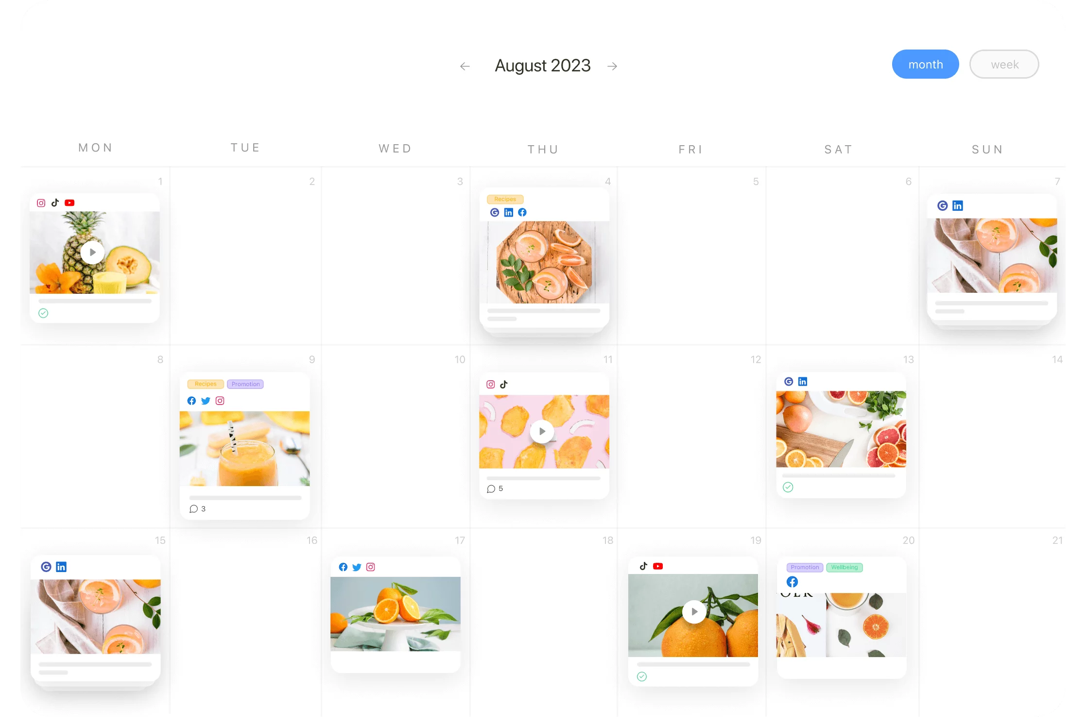 Social media calendar with different scheduled and published posts of August