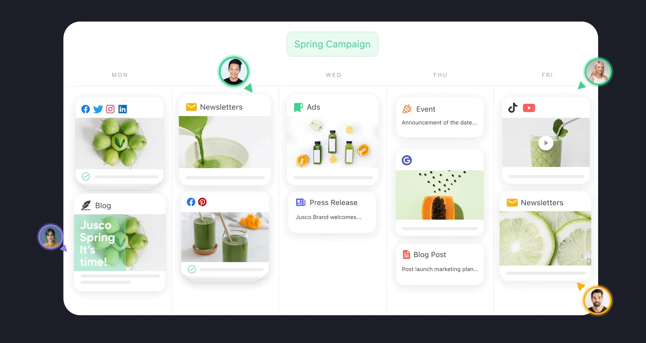 Content calendar interface in Planable displaying scheduled social media posts across various platforms with color-coded labels