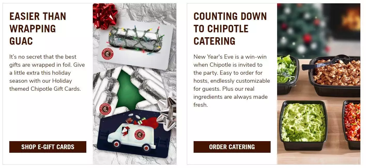 Chipotle advertisement with two CTA sections. On the left, text promoting 'EASIER THAN WRAPPING GUAC' with images of burritos and holiday gift cards, and a 'SHOP E-GIFT CARDS' button. On the right, a 'COUNTING DOWN TO CHIPOTLE CATERING' message with images of catered food and an 'ORDER CATERING' button.