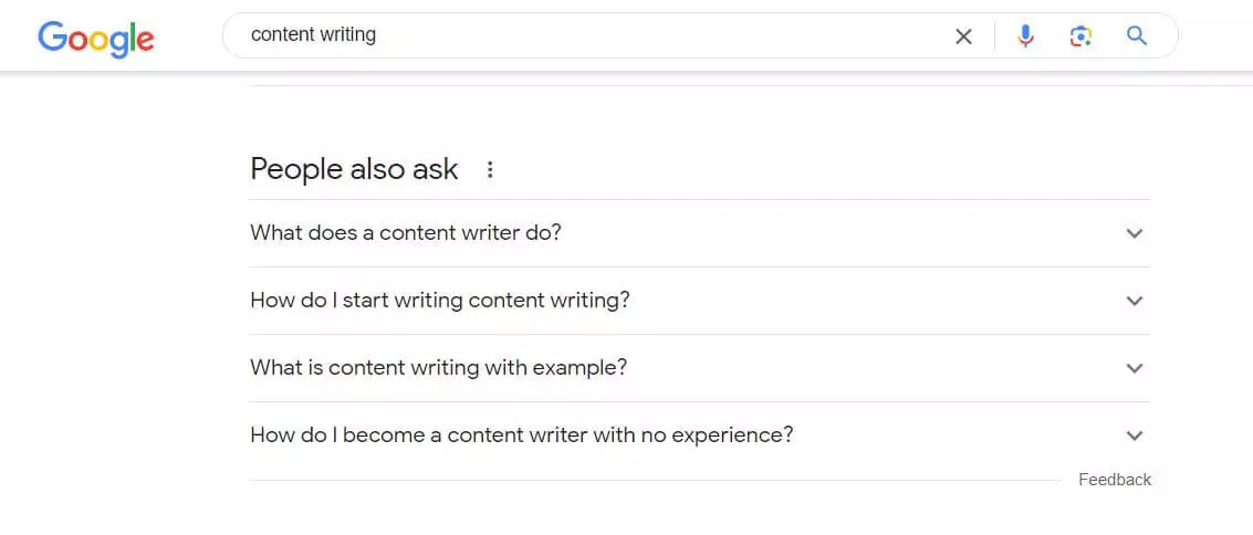 Google's PAA for the search: content writing