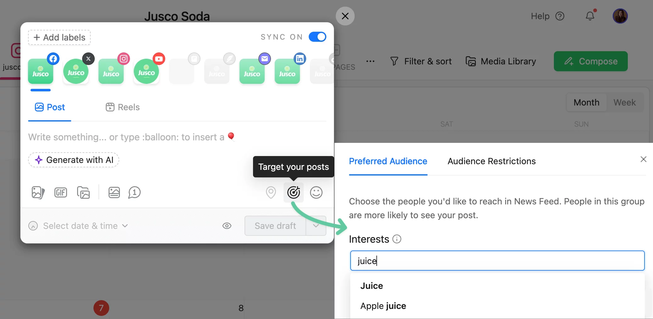 Facebook post target settings in Planable with Preferred audience