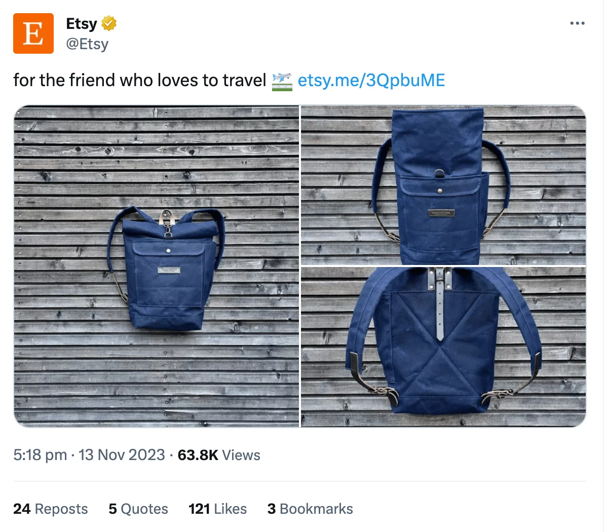 Etsy X post promoting a backpack with this caption: 'for the friend who loves to travel'