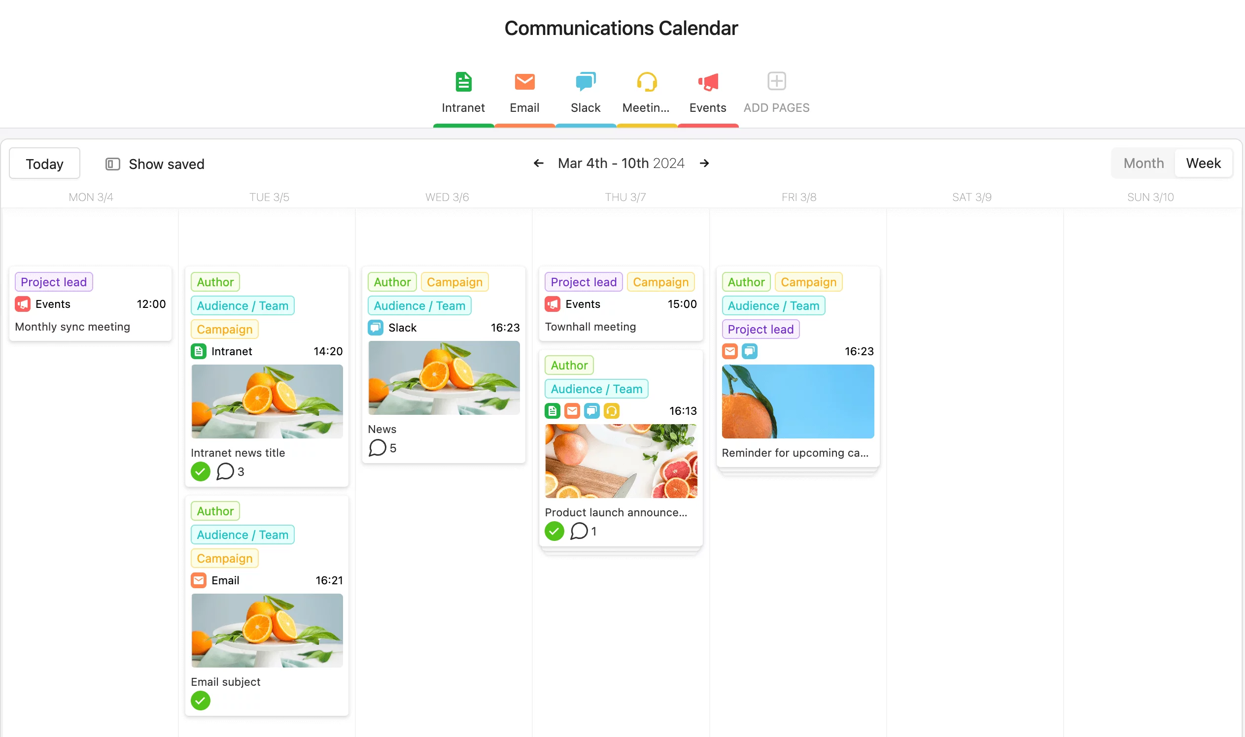 Planable's communications calendar template with multiple channels and labels