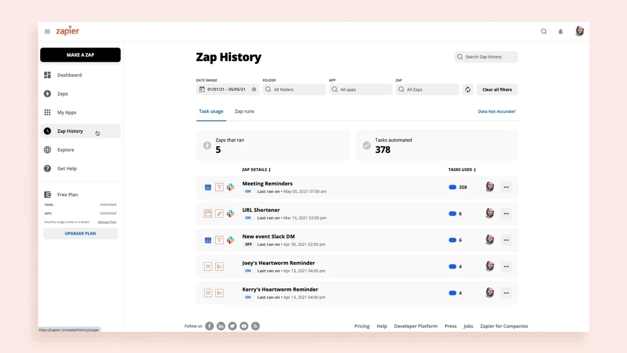 Zap History feature showing automation logs and actions