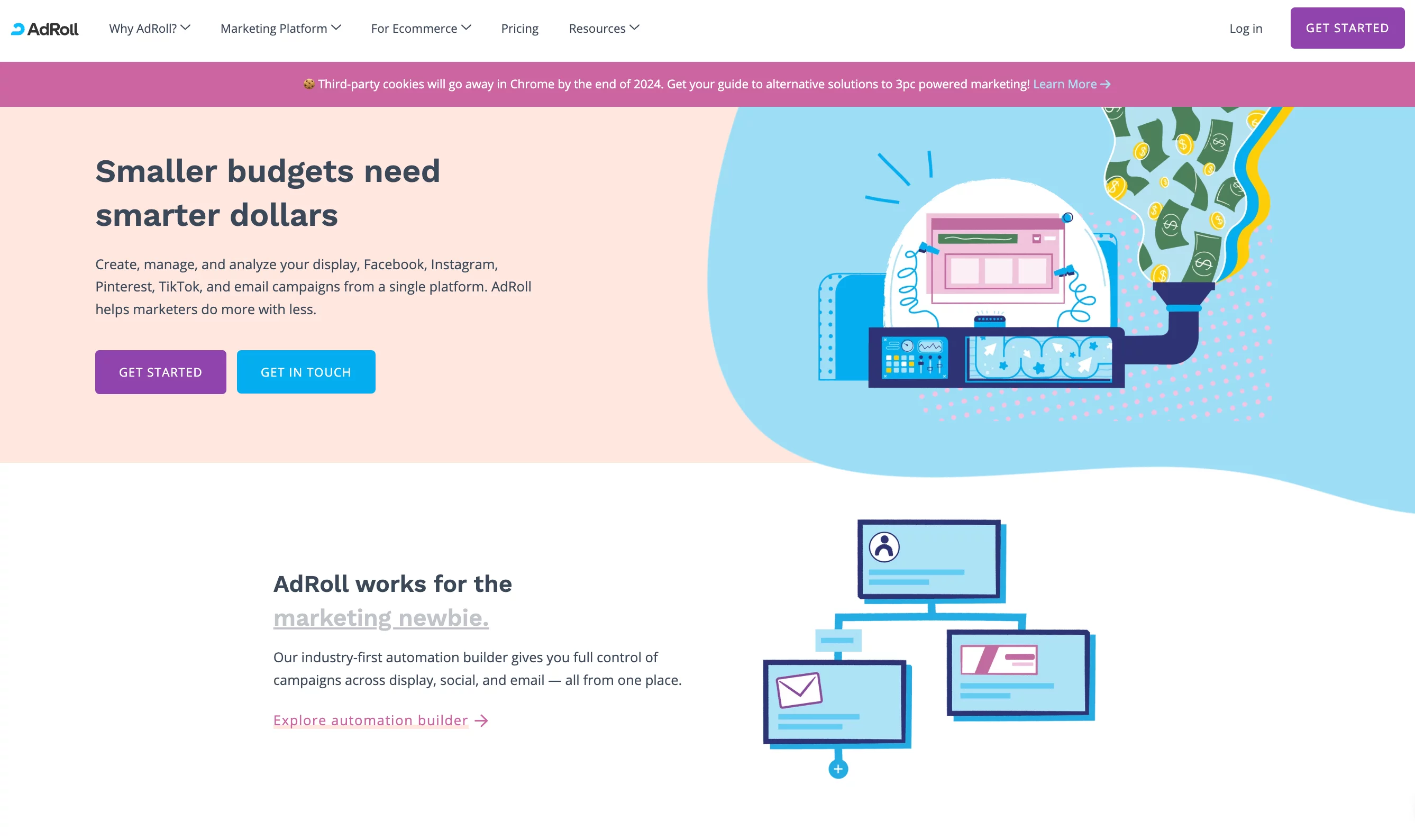 AdRoll homepage highlighting advertising and marketing solutions for businesses