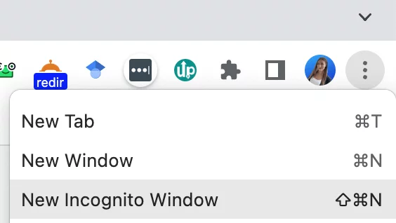 a Chrome browser menu highlighting the option to open a new incognito window, with other options for new tab and new window visible