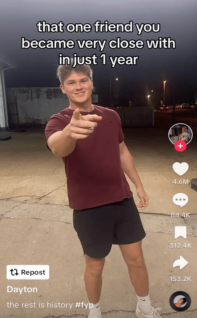 TikTok post of a man pointing at the camera smiling, captioned 'that one friend you became very close with in just 1 year'.