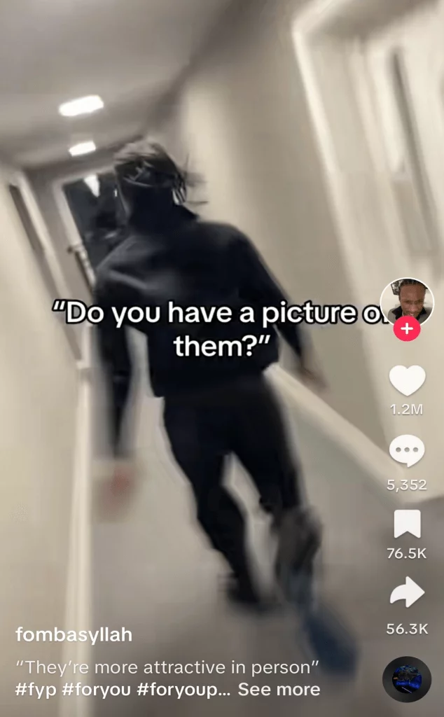 TikTok post of a man walking away from the camera down a corridor, captioned 'do you have a picture of them?'