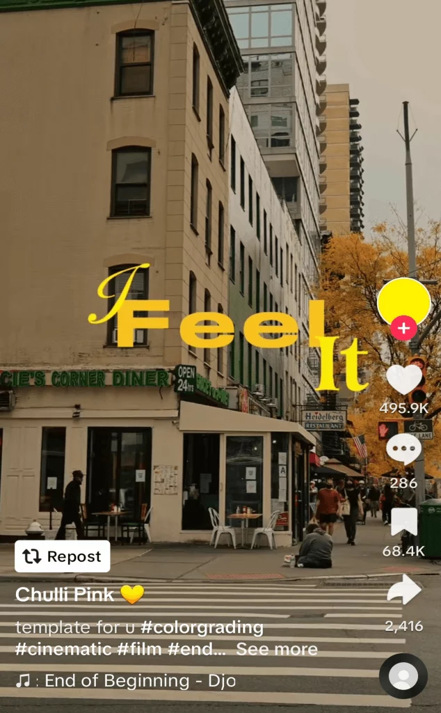 TikTok post of a diner on an urban street corner with the caption 'I feel it'.