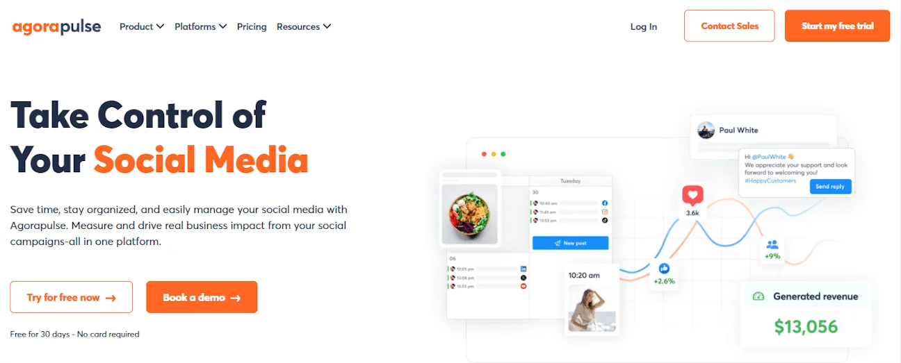 A screenshot of the Agorapulse website homepage with the headline 'take control of your social media'.