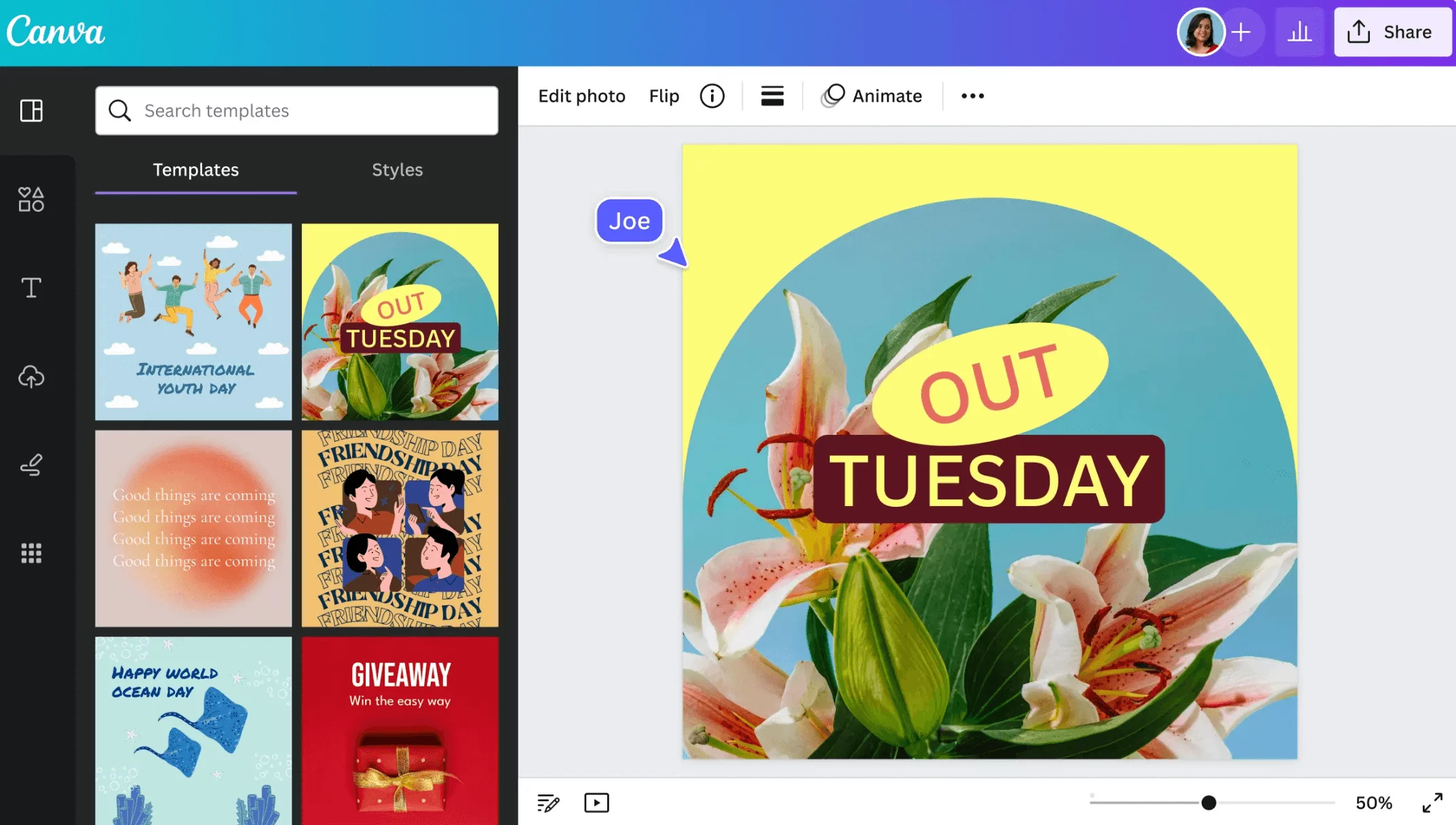 Canva interface displaying a variety of customizable design templates for social media posts.