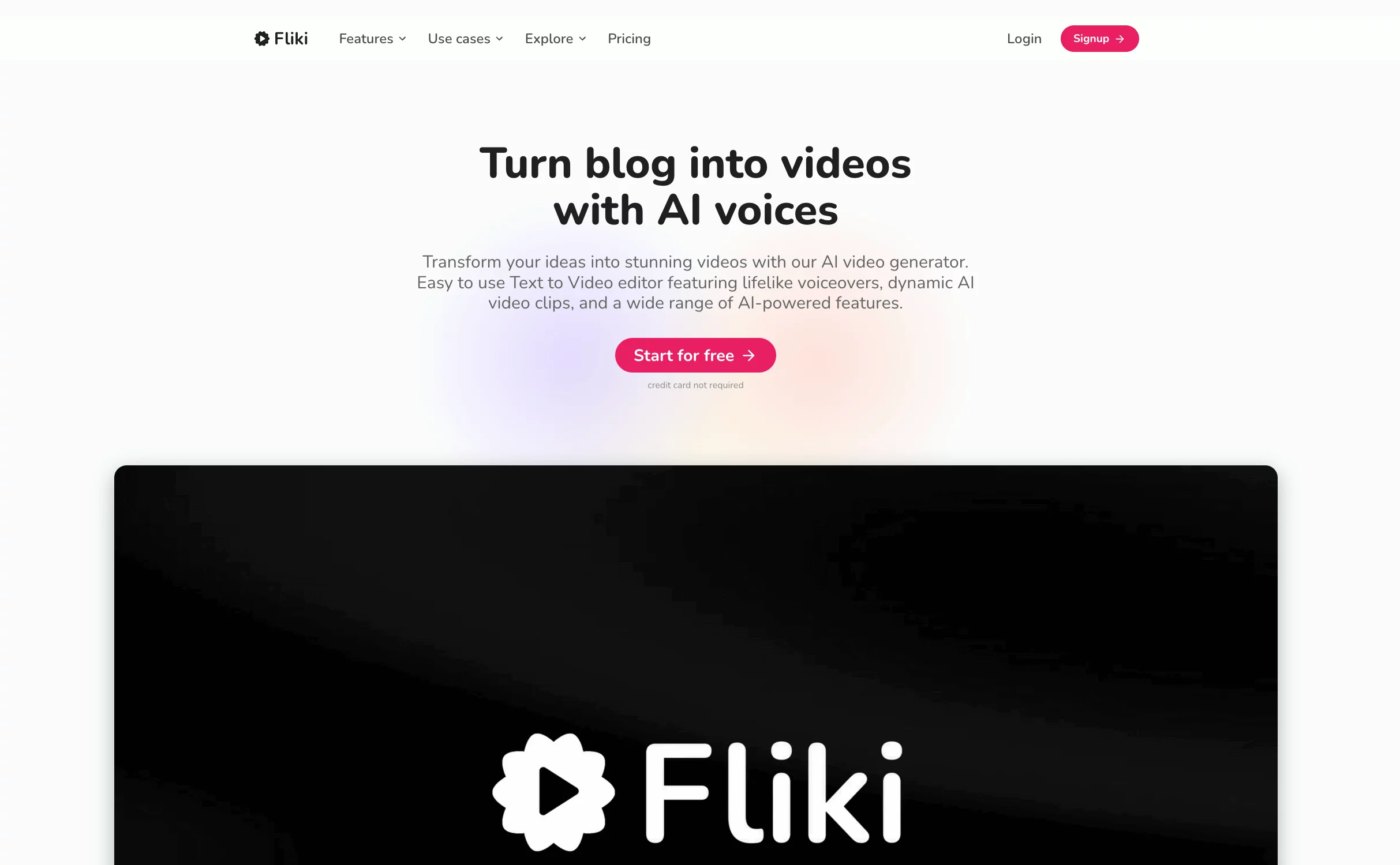 Fliki AI homepage, an AI video generator with features like text to Video editor