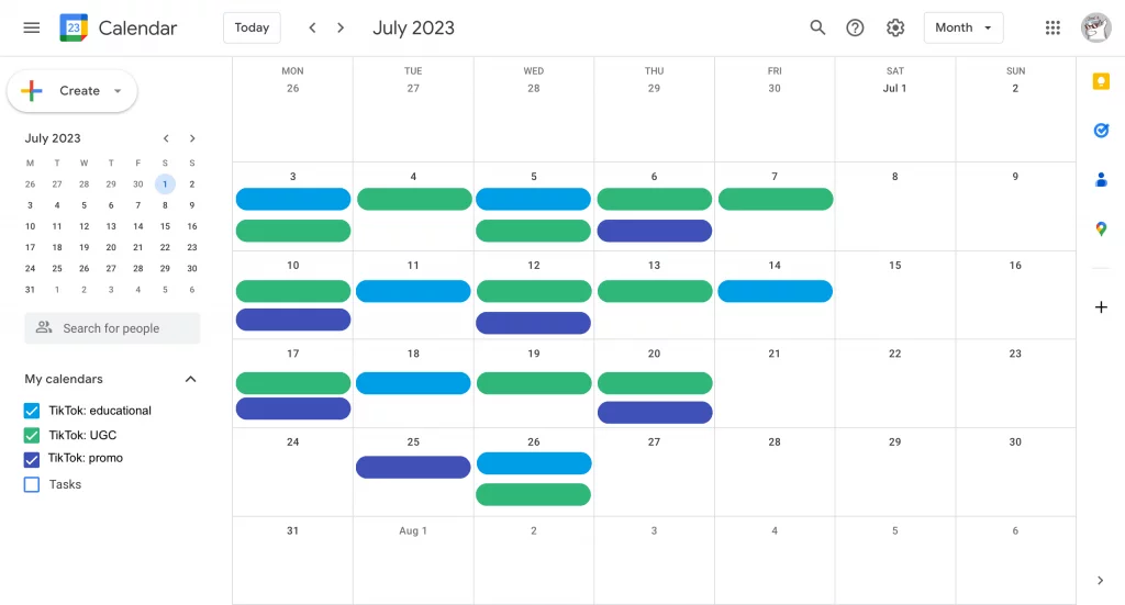 Screenshot of Google Calendar used to schedule posts for three different TikTok content categories.