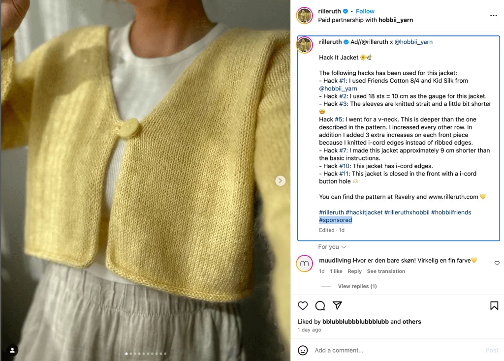 Rillieruth's IG post in a paid partnership with hobbii_yarn sharing hacks of how to use a yellow jacket and using hashtags like: #rillerruth #hackitjacket #sponsored and two more