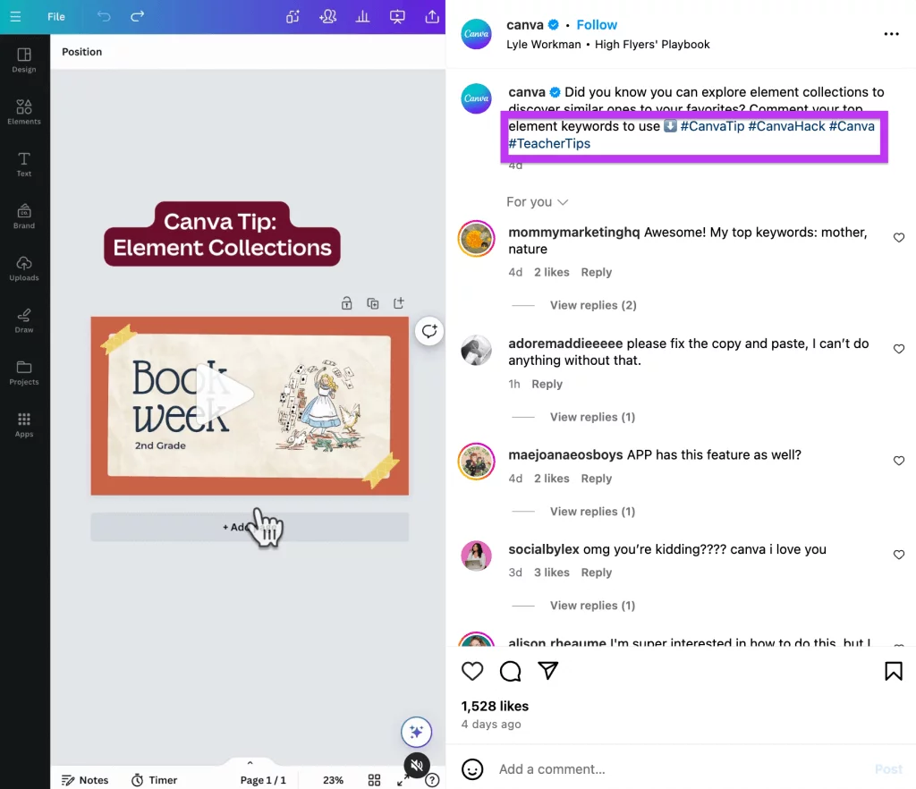 Instagram post with a Canva app screenshot featuring 'Element Collections' tip for a 'Book Week' design, with user comments and likes.