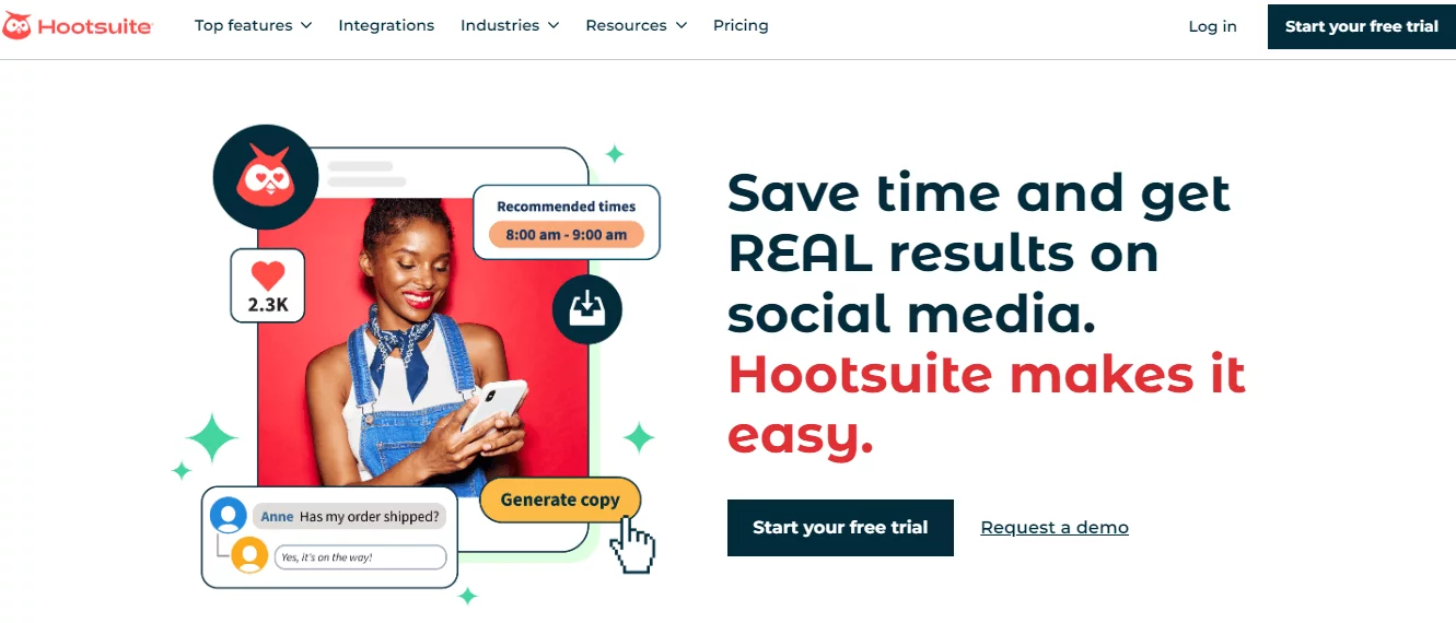 A screenshot of the Hootsuite website homepage with the heading 'save time and get real results on social media'.