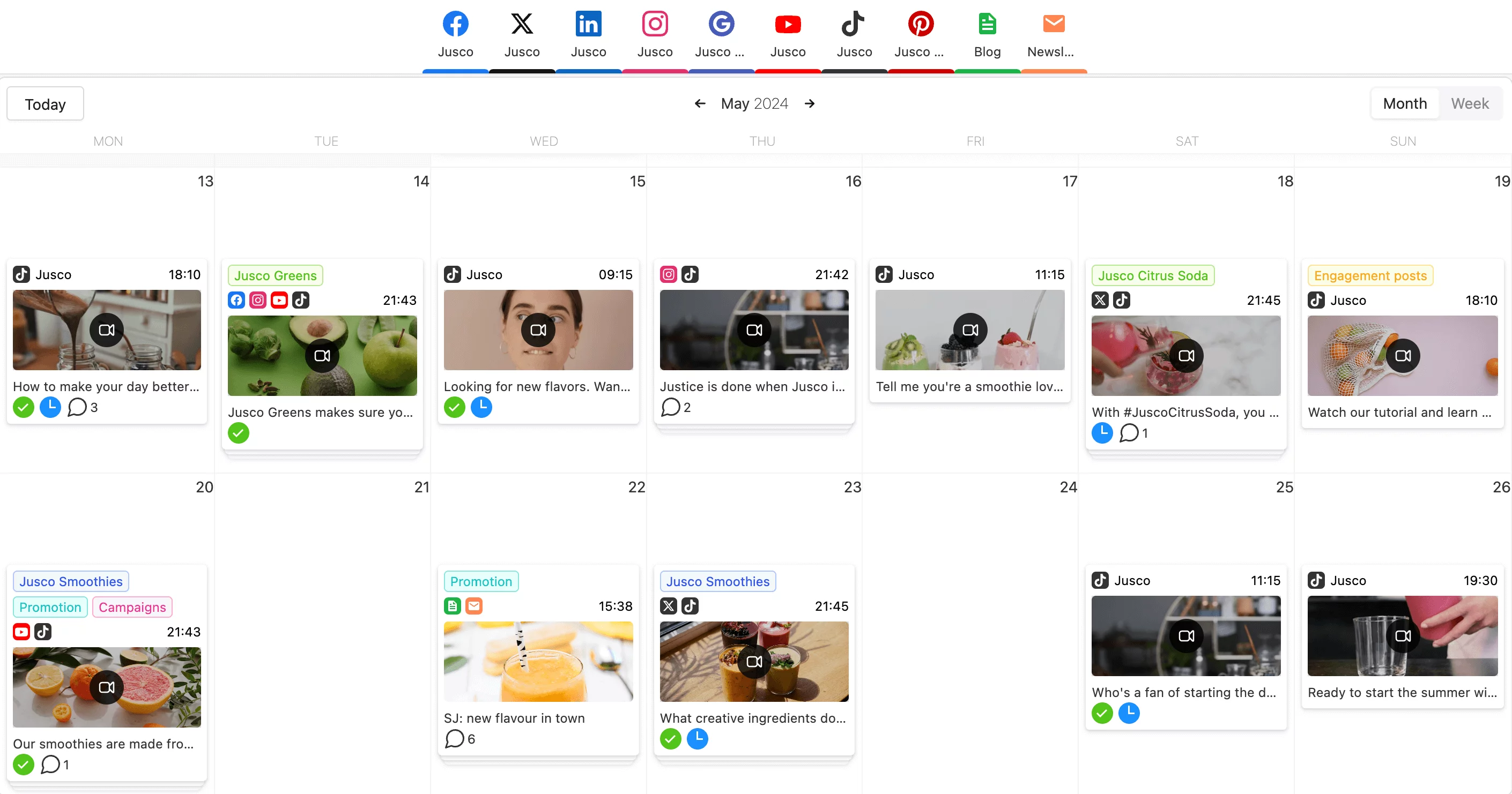 TikTok content calendar in Planable, with videos, captions, approval status, publishing status, and number of comments