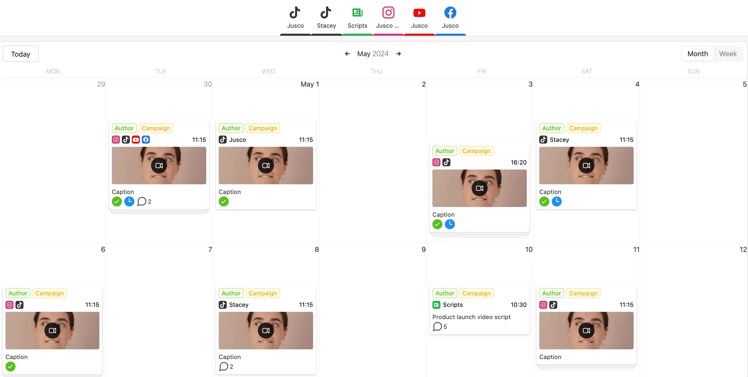 A screenshot of Planable's calendar view with TikTok campaign posts scheduled.