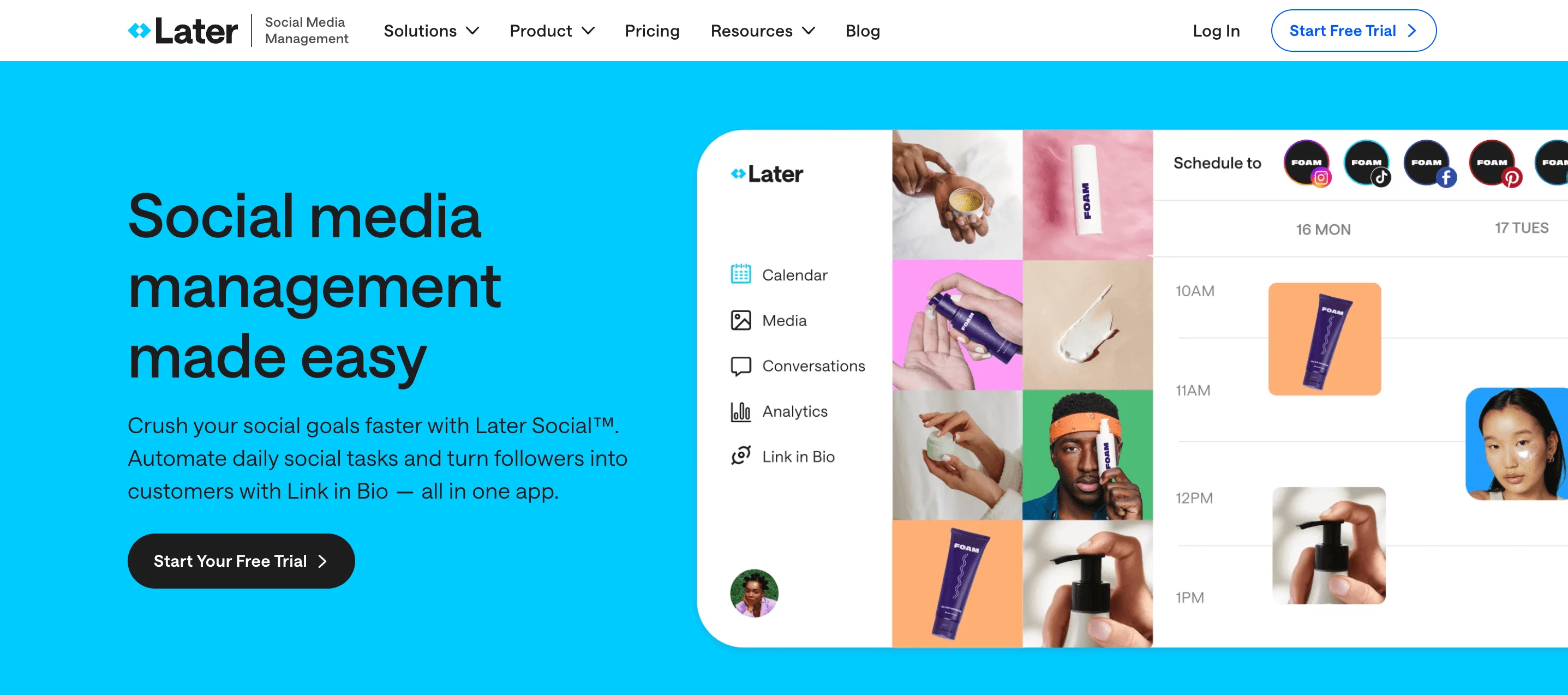 Later's homepage with a call to action: "Social media management made easy"