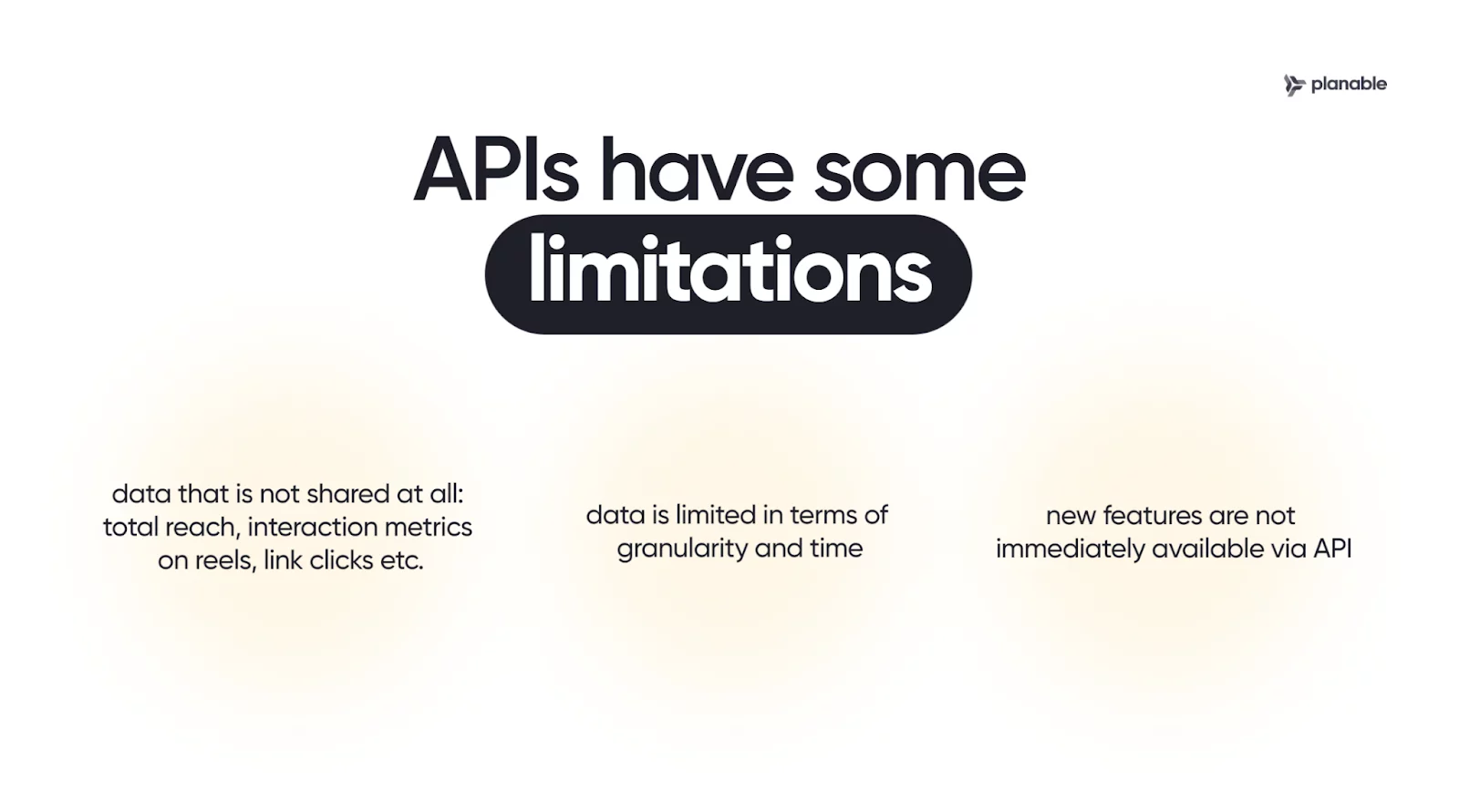 "APIs have some limitations" infographic listing three limitations: data not shared (total reach, interaction metrics), limited data granularity, and delayed feature availability.