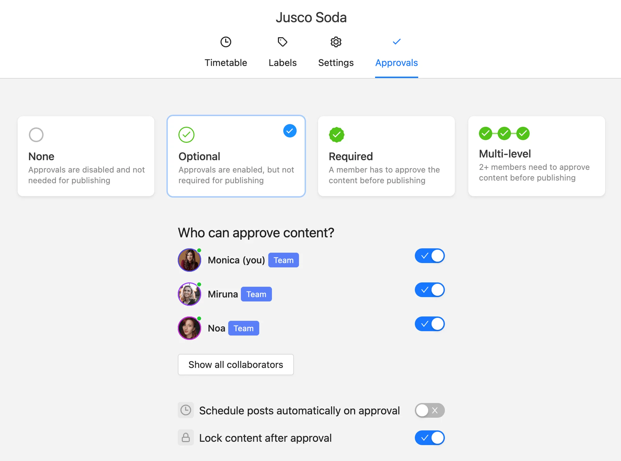 Content approval settings interface in Planable showing options for none, optional, required, and multi-level approvals.