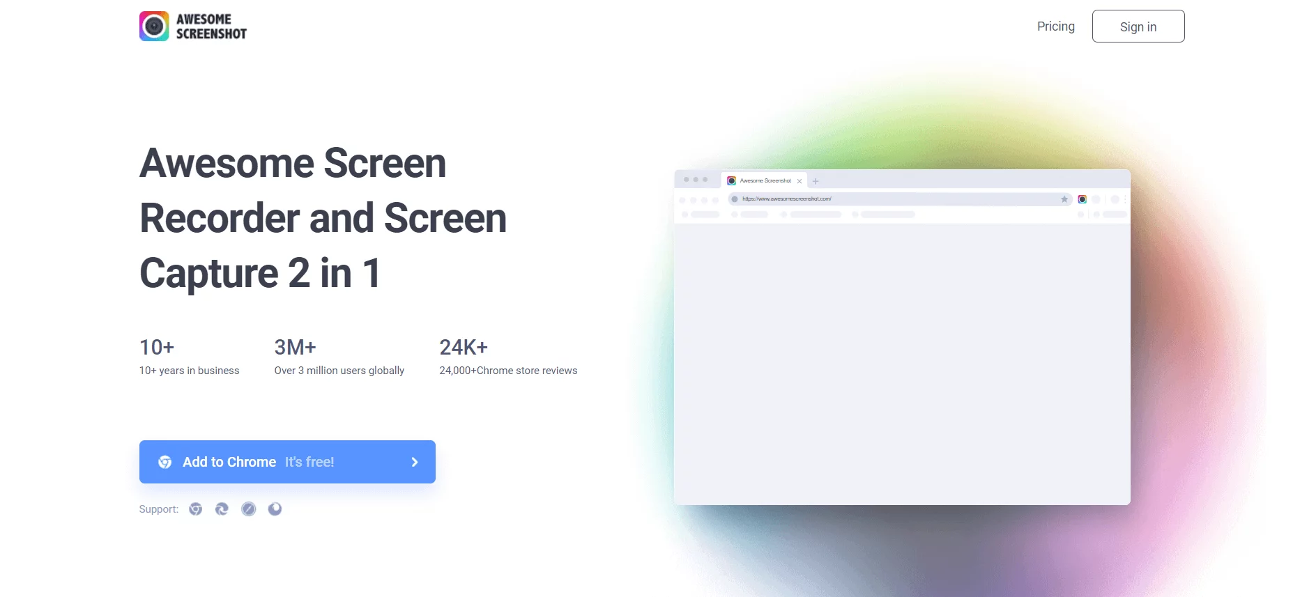 Awesome Screenshot homepage promoting screen recorder and capture tool, with a "Add to Chrome" button and statistics on years in business and user reviews.