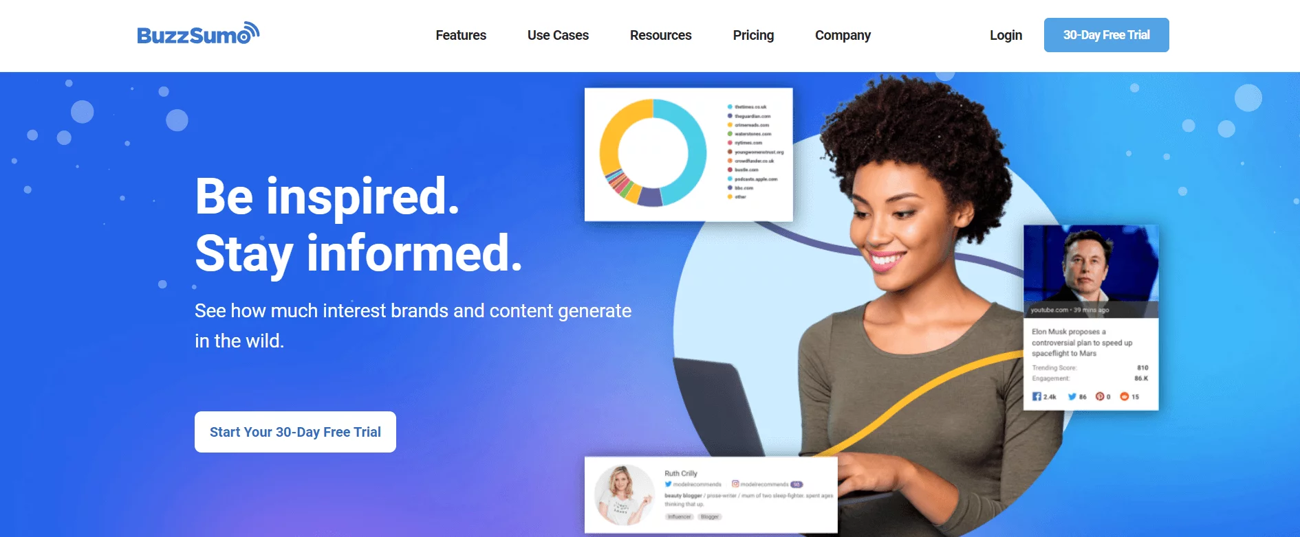 BuzzSumo homepage with a woman using a laptop, showing data visualizations and social media analytics. "Be inspired. Stay informed" headline.