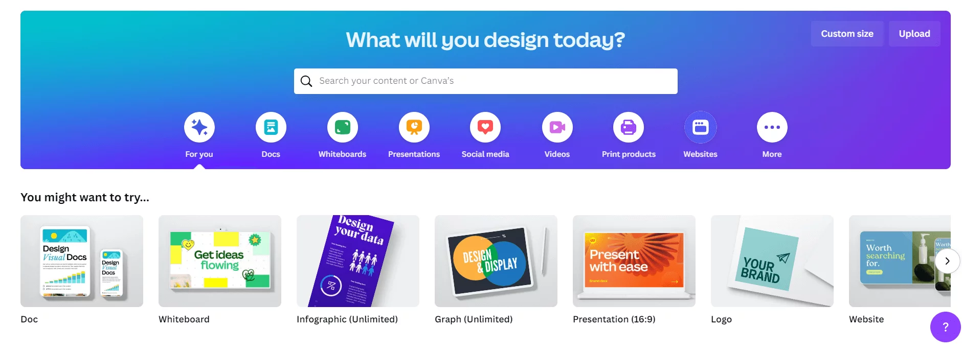 Canva homepage with "What will you design today?" search bar, design options including docs, whiteboards, presentations, and social media.