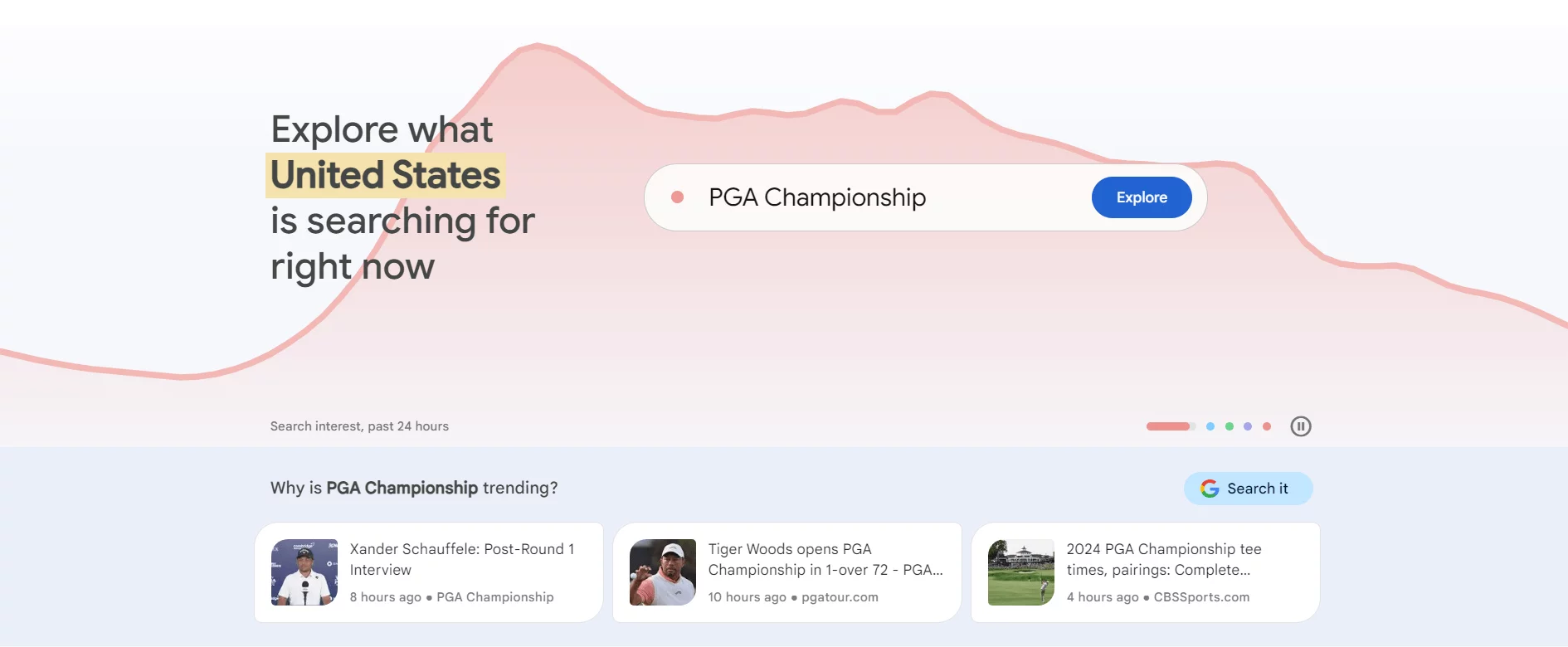 Google Trends homepage showing "Explore what United States is searching for right now" with PGA Championship search and related news.