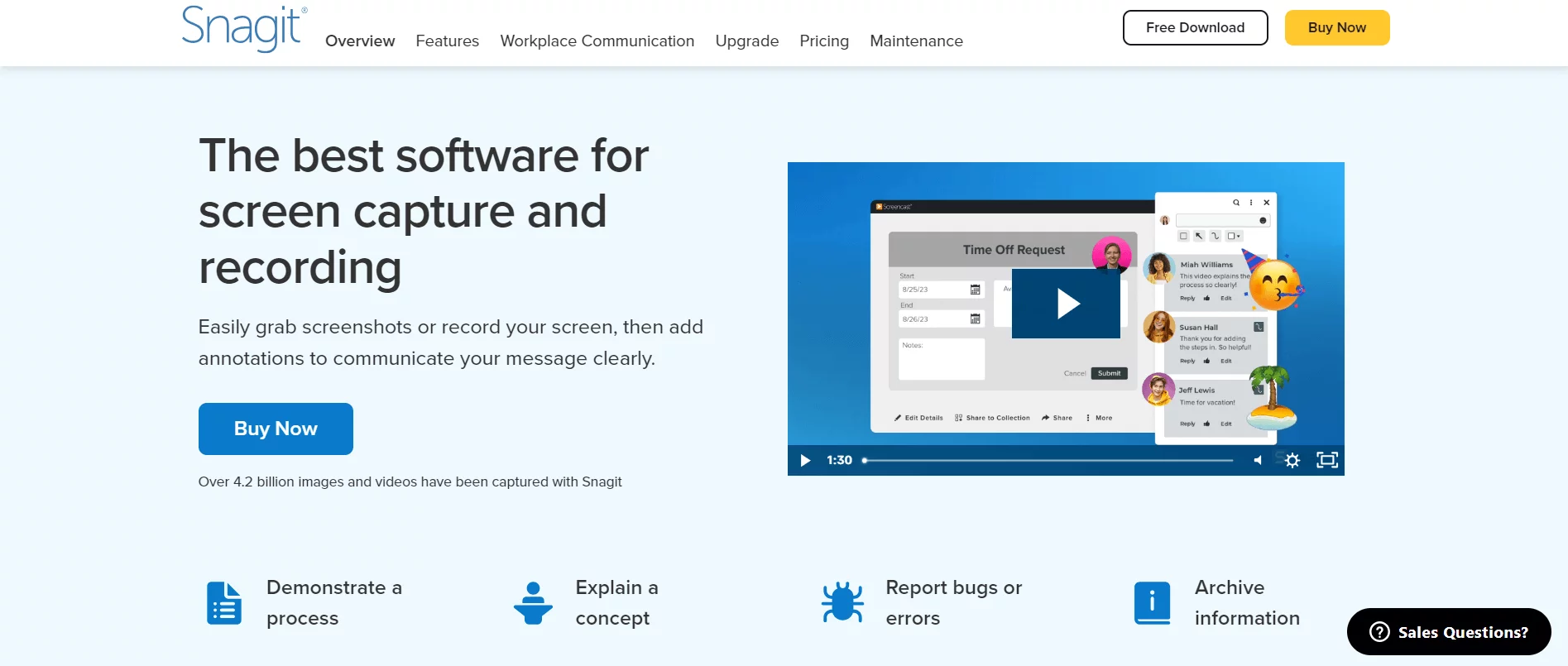 Snagit homepage with "The best software for screen capture and recording" headline, showing features like annotations, a video demo, and purchase options.