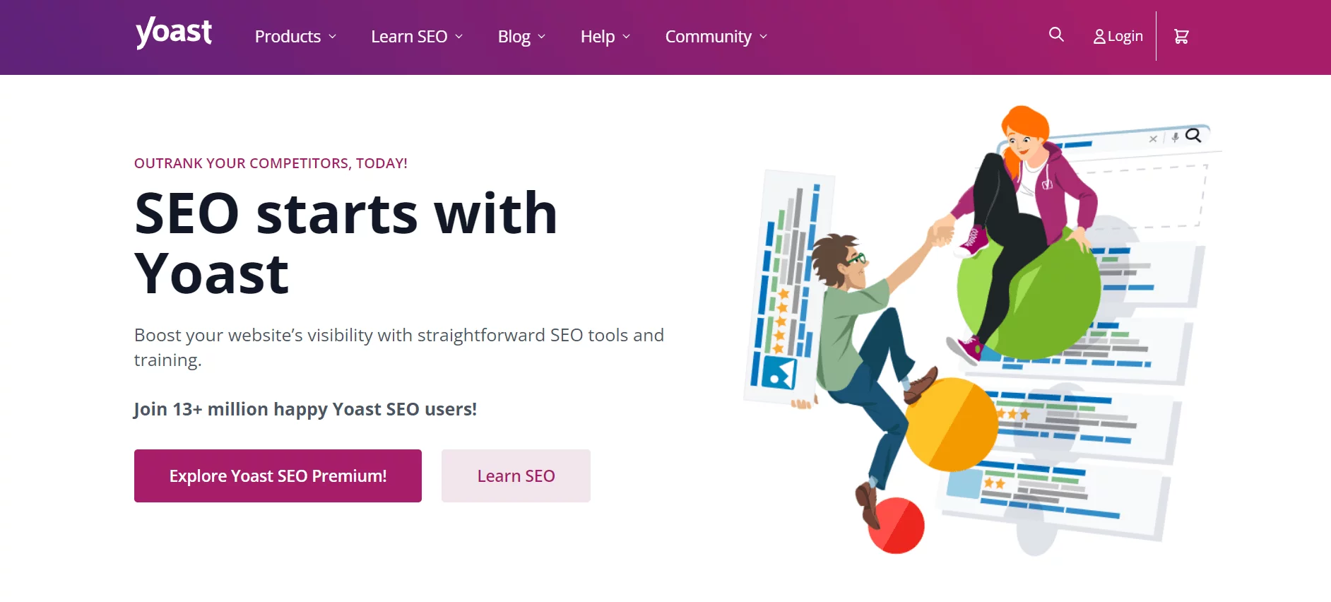 Yoast homepage with "SEO starts with Yoast" headline, promoting SEO tools and training, featuring an illustration of people climbing search result pages.