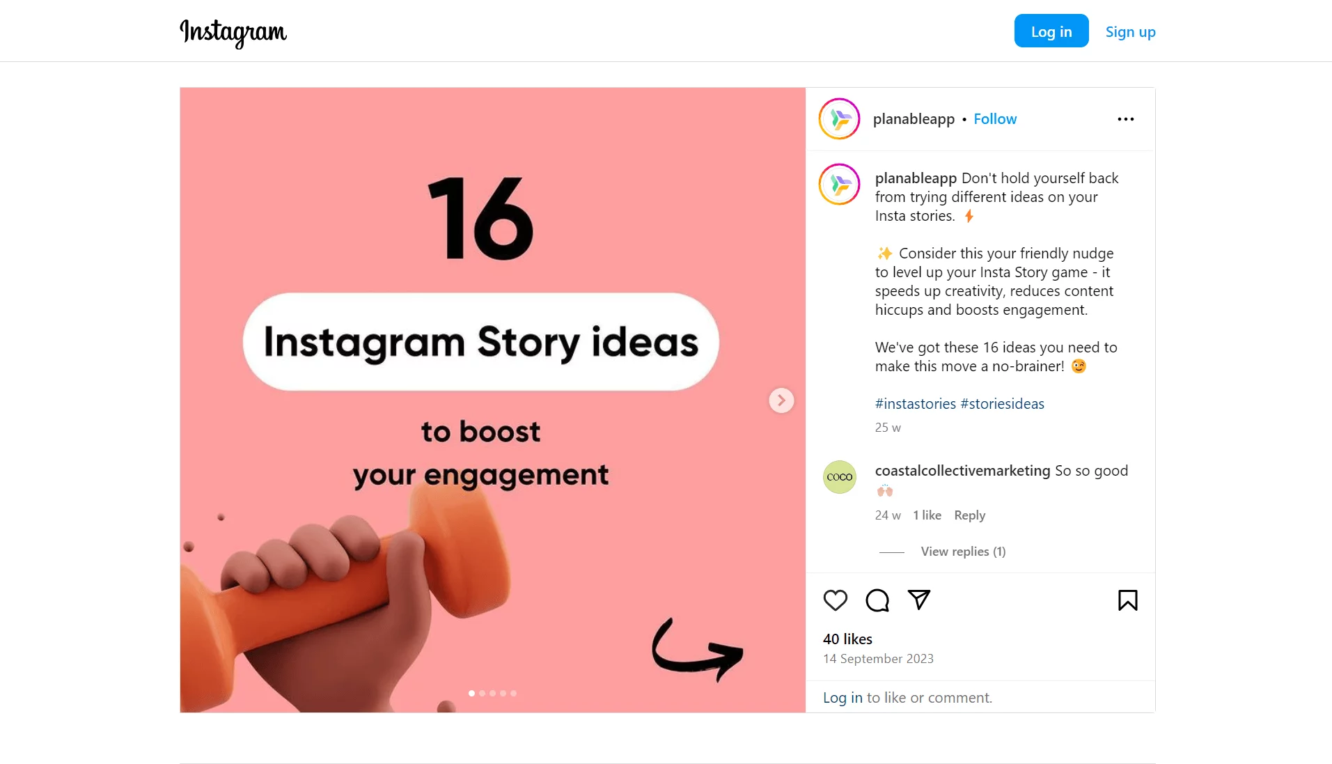 Planable's IG repurposed post from an article called '16 Instagram Story ideas to boost your engagement', with an illustration of a hand holding an orange dumbbell.