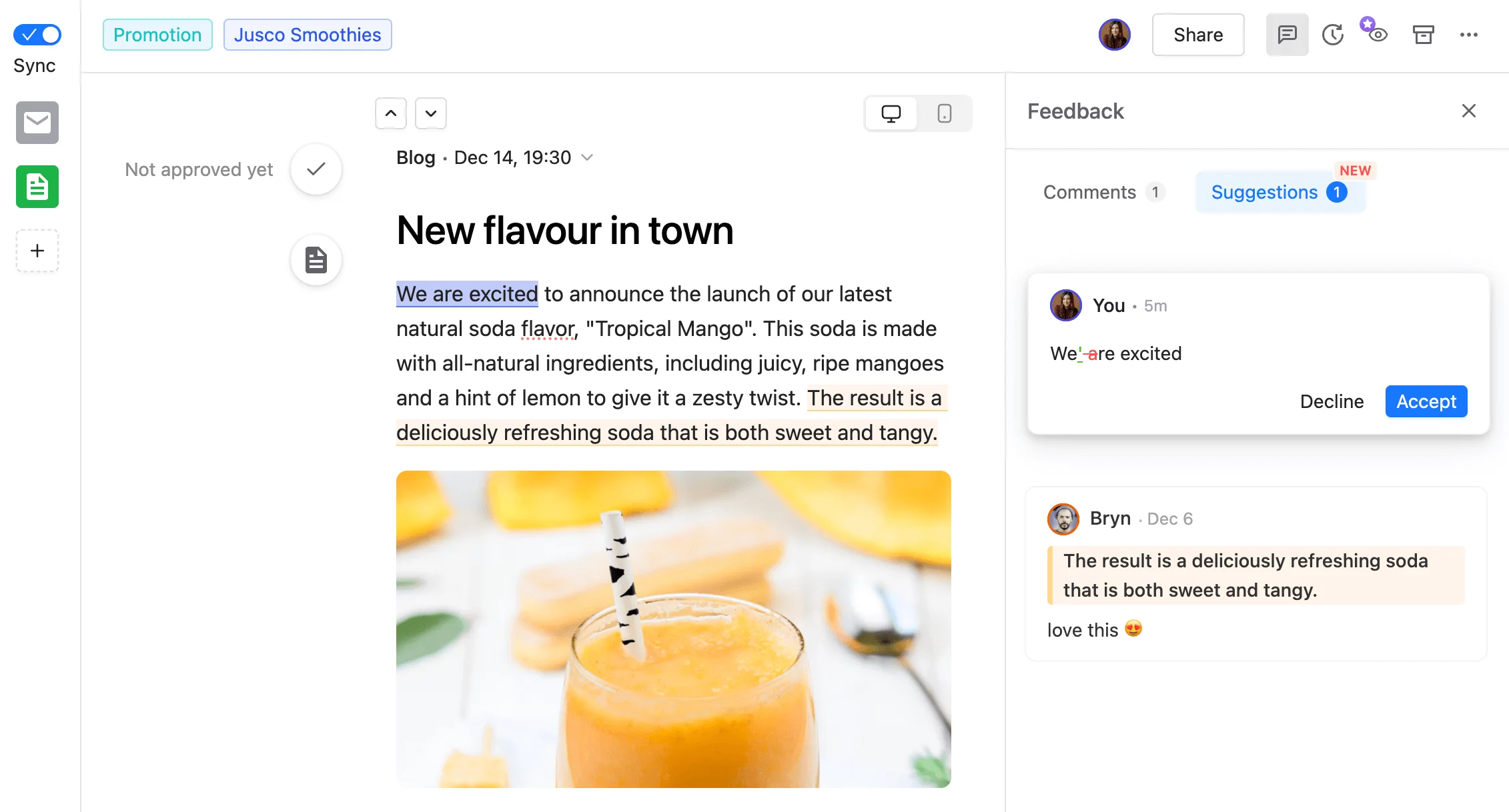 Universal Content interface showing a draft blog post announcing a new soda flavor, "Tropical Mango," with feedback comments and suggestions in Planable