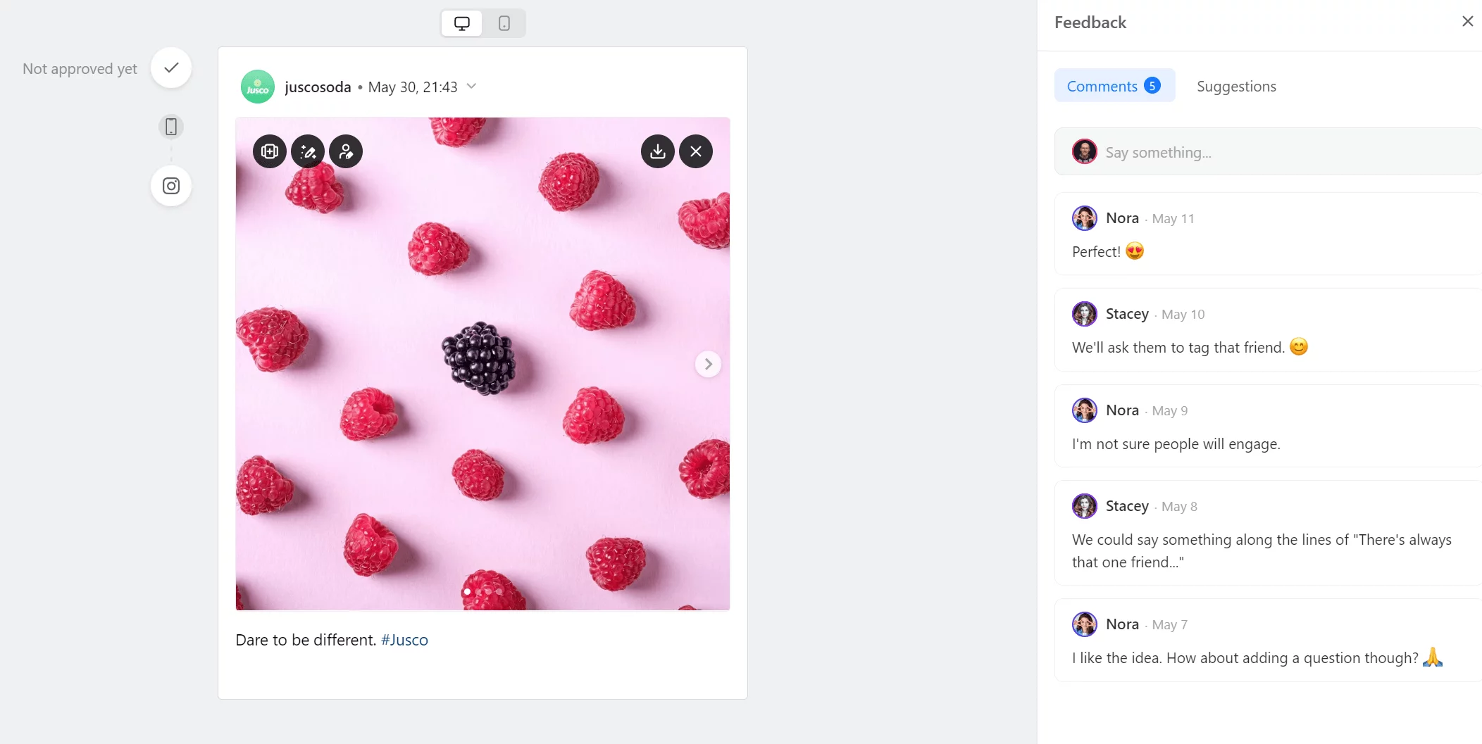 Instagram post draft in Planable for Jusco featuring a black raspberry among red raspberries on a pink background with the caption "Dare to be different. #Jusco." Feedback comments are displayed on the right.