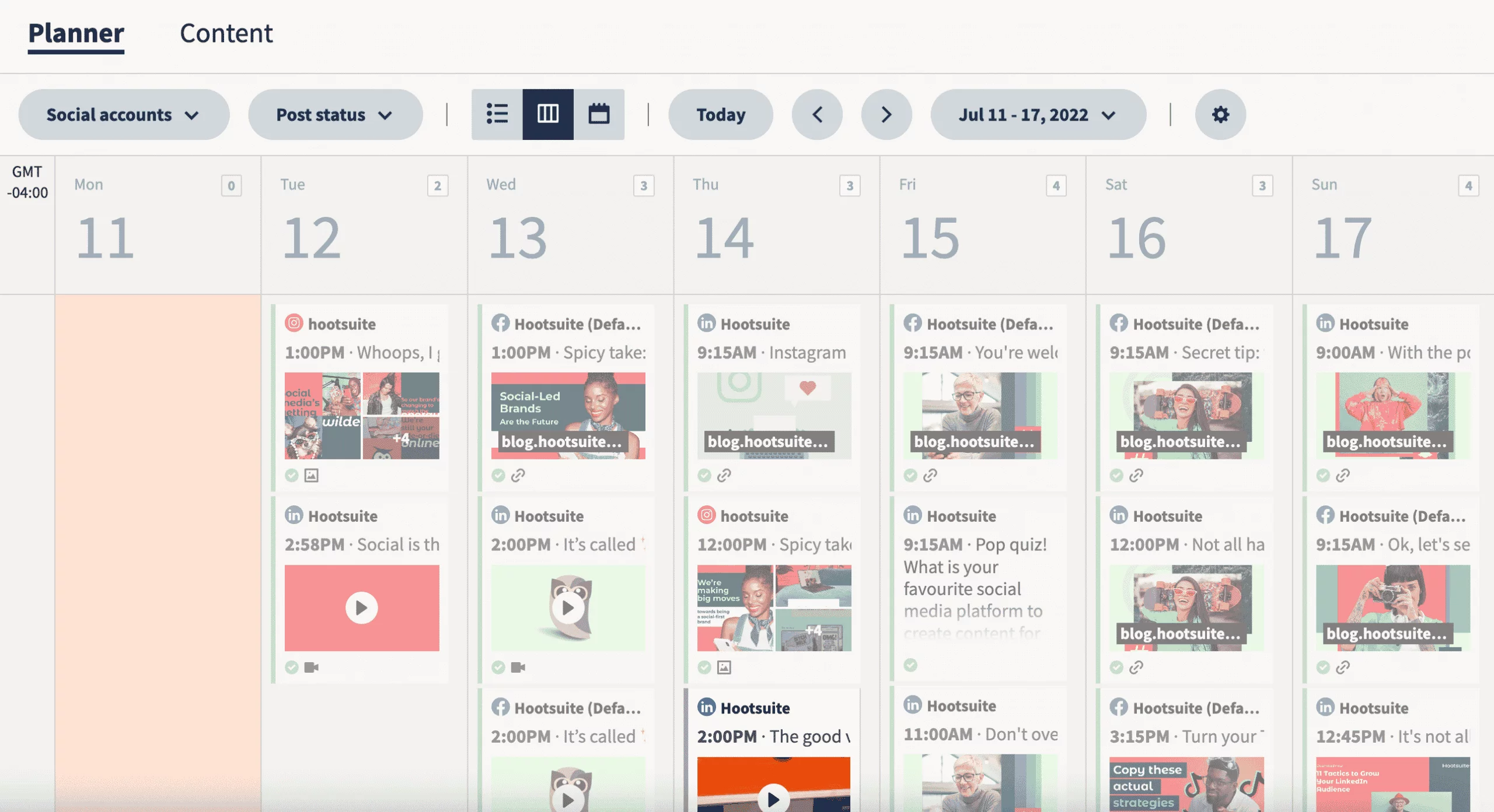 Hootsuite content planner displaying scheduled social media posts for the week of July 11-17, 2022, across multiple platforms and times.