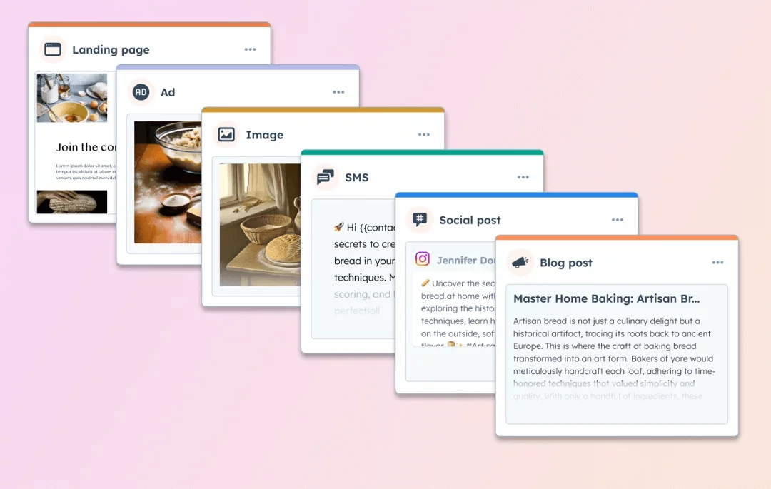 Various marketing content types displayed in Hubspot, including landing page, ad, image, SMS, social post, and blog post, for a baking campaign.
