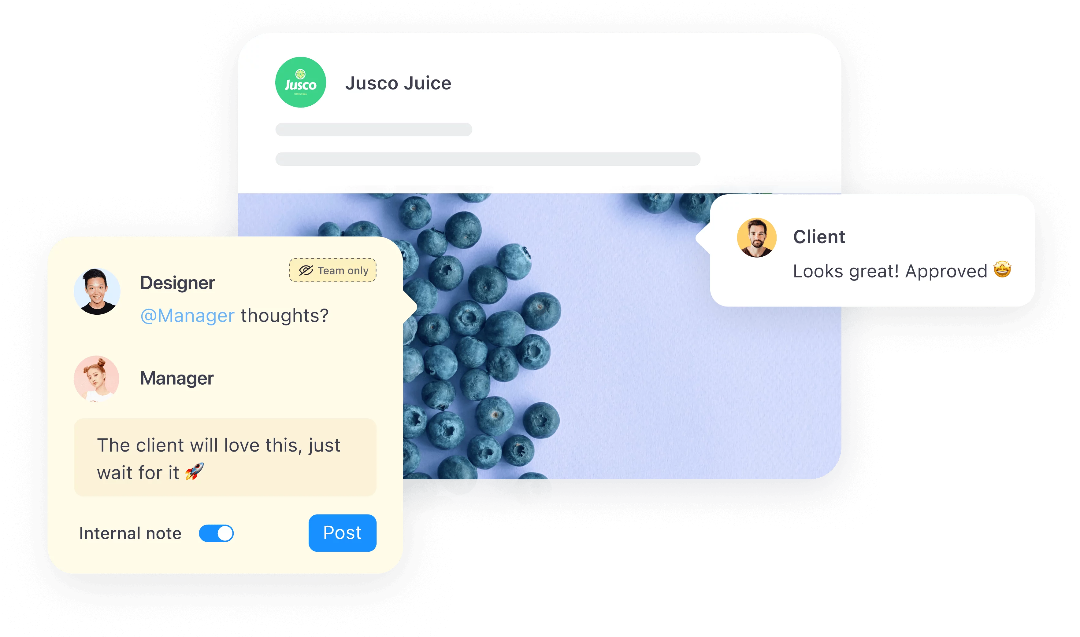 Team comments in Planable discussing a design project for Jusco Juice with blueberries in the background. Client approval message displayed.