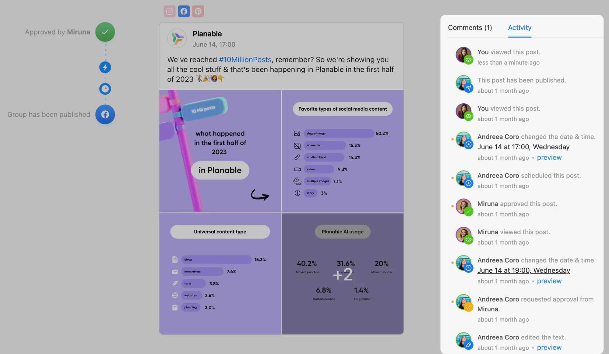 Content management system displaying the version history of a post about social media activity.