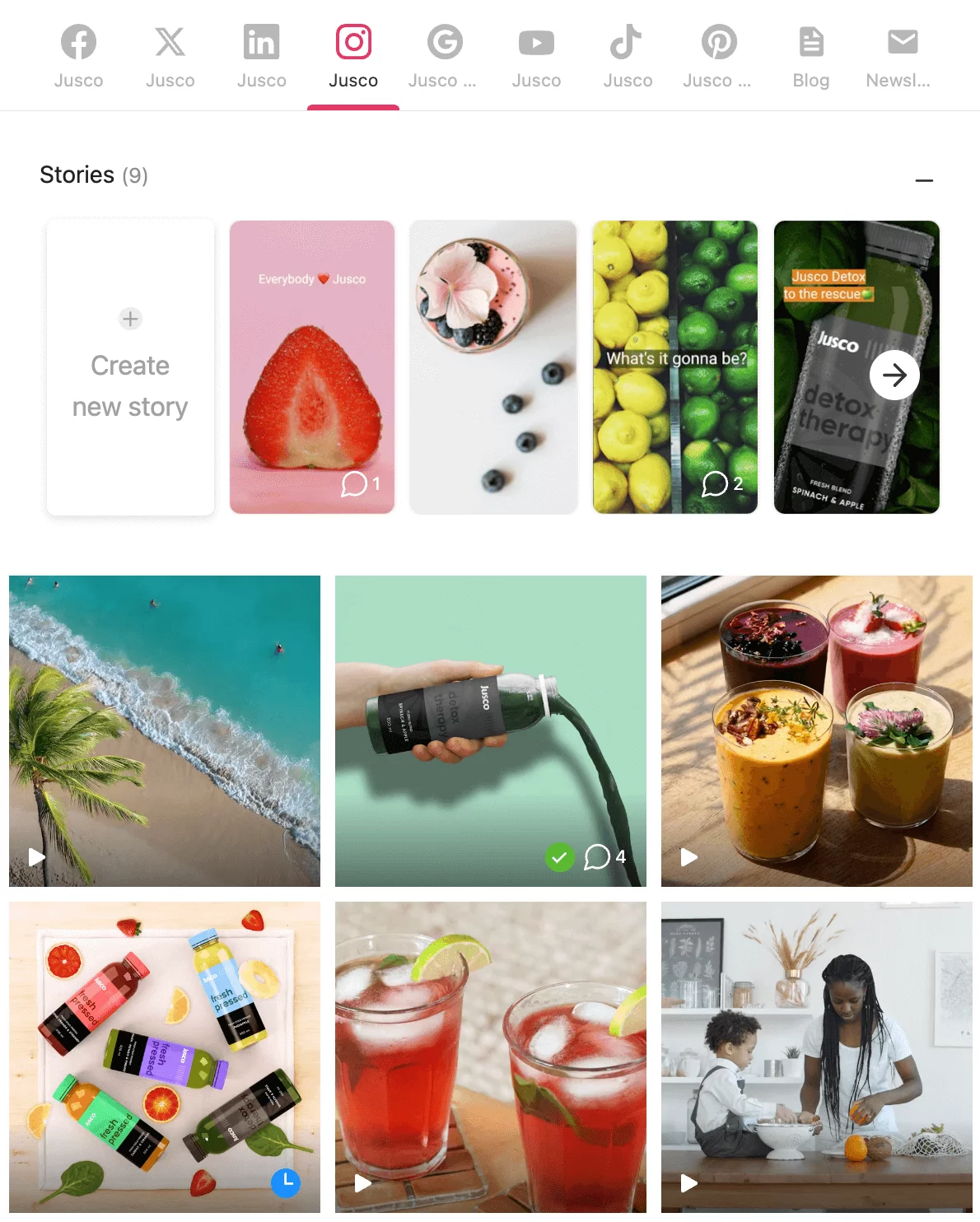 Planable's grid view showing Jusco stories with images of various drinks, fruits, a beach scene, and a mother with child preparing food.