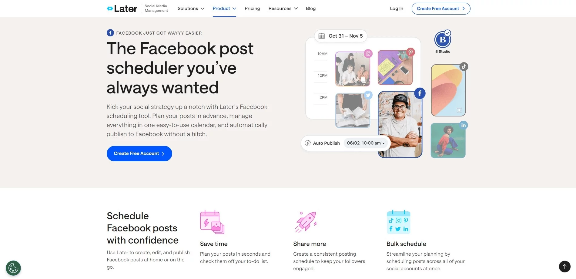 Later's website page featuring their Facebook post scheduler tool with images of scheduled posts on various social platforms.