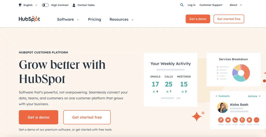 Screenshot of the Hubspot website homepage with a heading 'grow better with Hubspot'.