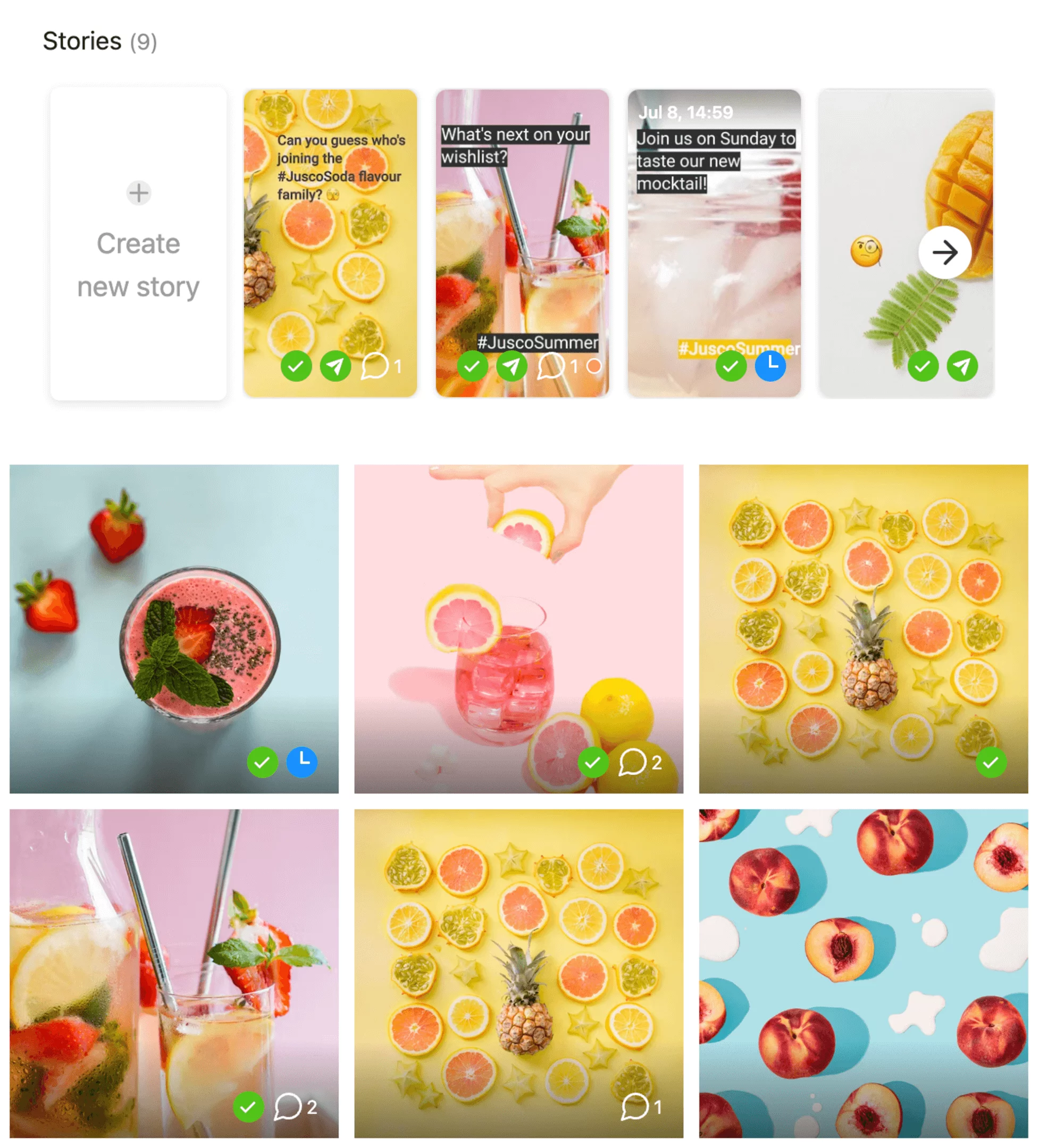 Grid view in Planable featuring colorful fruit drinks and fresh fruits, each with engagement icons.
