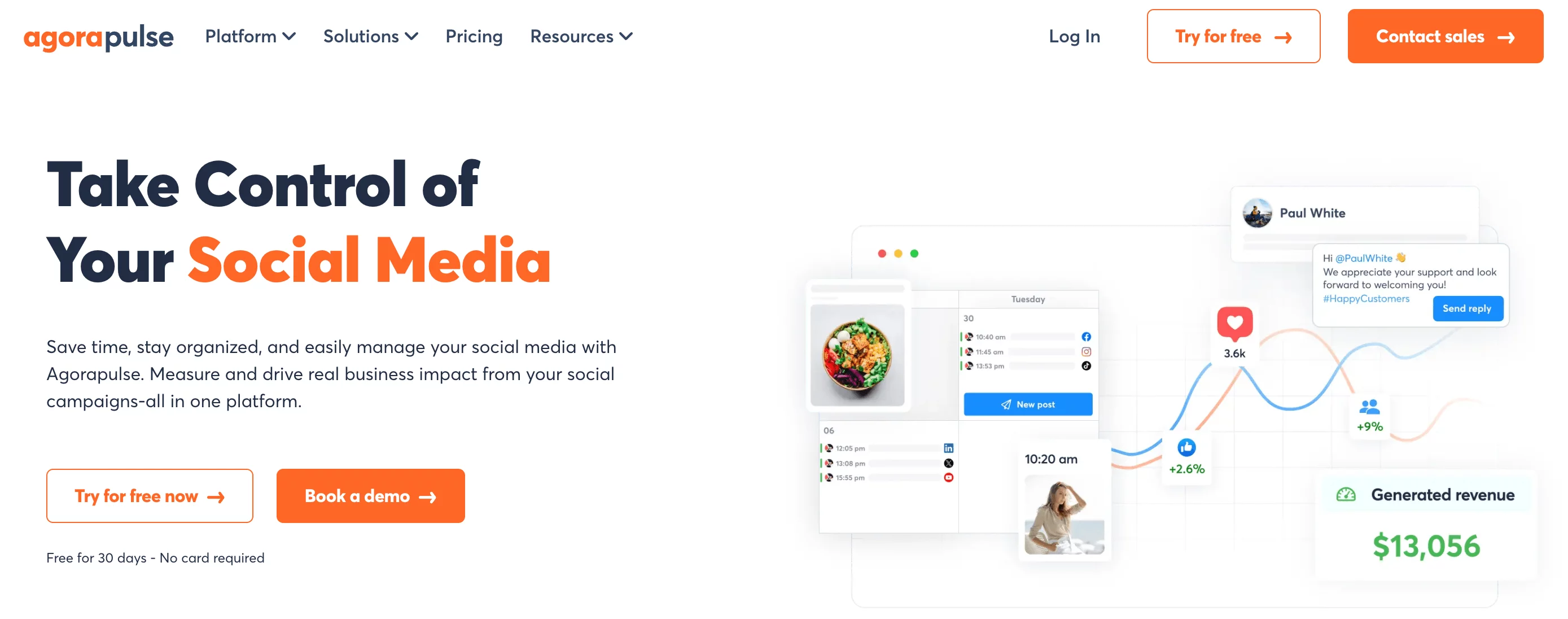 Agorapulse homepage promoting social media management with tools for scheduling, engagement, and analytics to drive business impact.