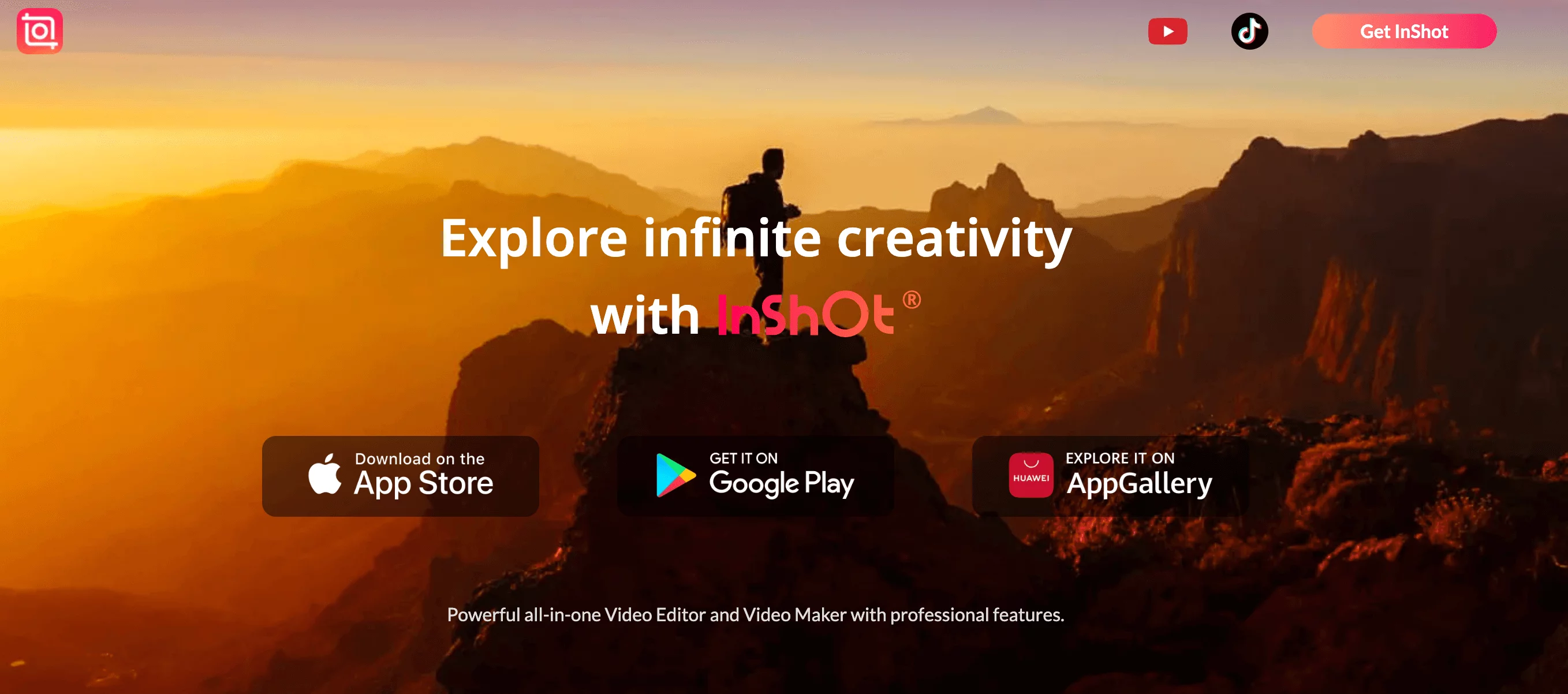 InShot homepage promoting video editing and creation app with download options for App Store, Google Play, and AppGallery.