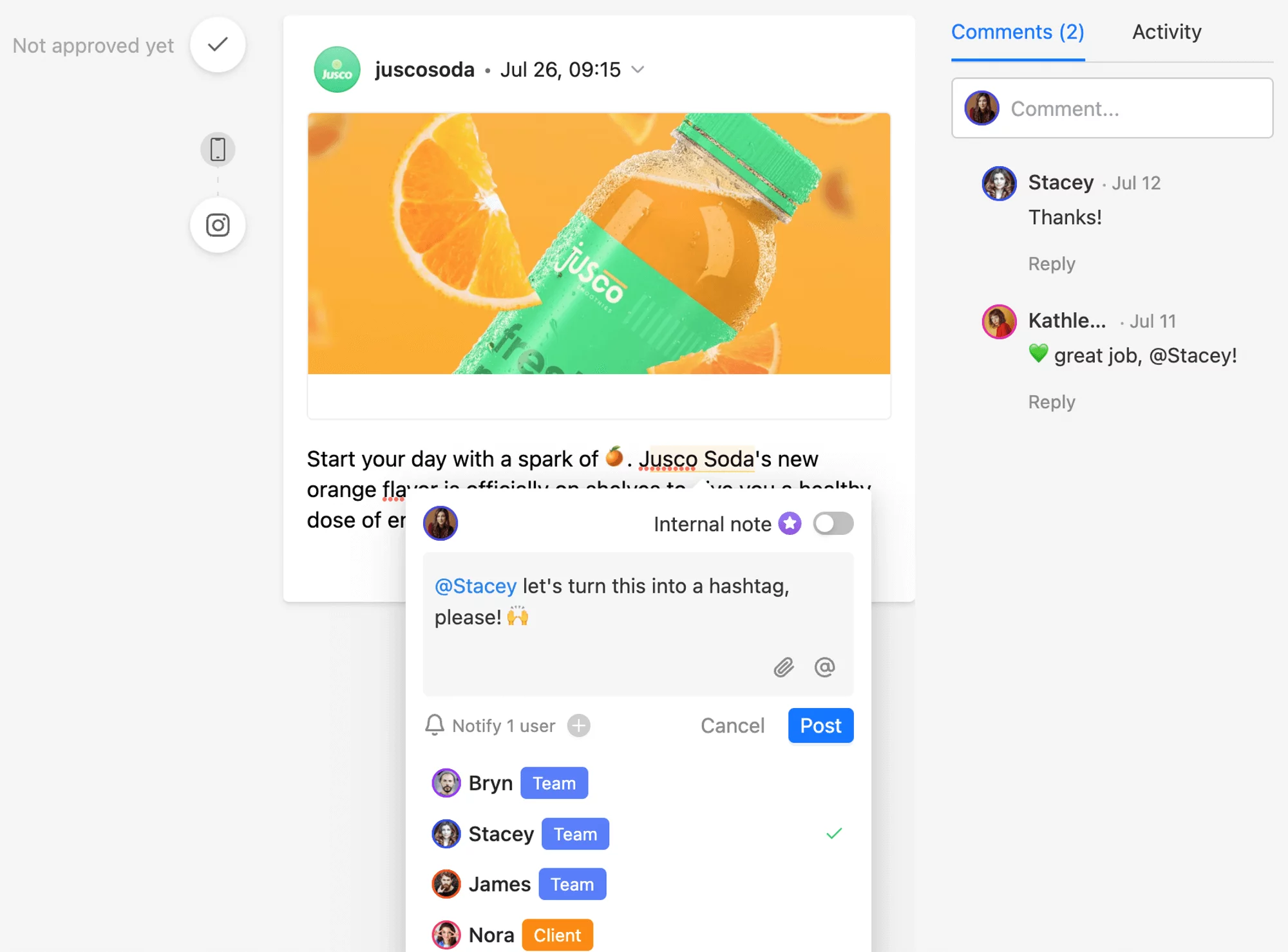 IG post draft of Jusco Soda's new orange flavor, with comments and team collaboration tools visible.