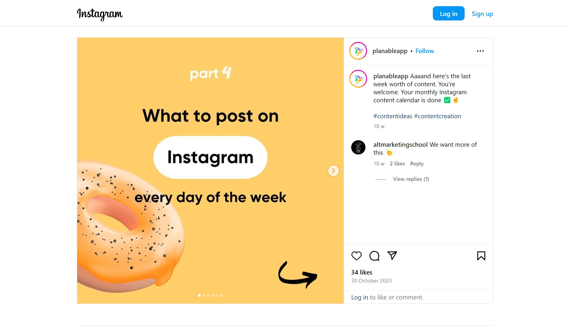 Planable's Instagram repurposed post from a blog article with text on a yellow background: "Part 4: What to post on Instagram every day of the week," with an illustration of a glazed donut.