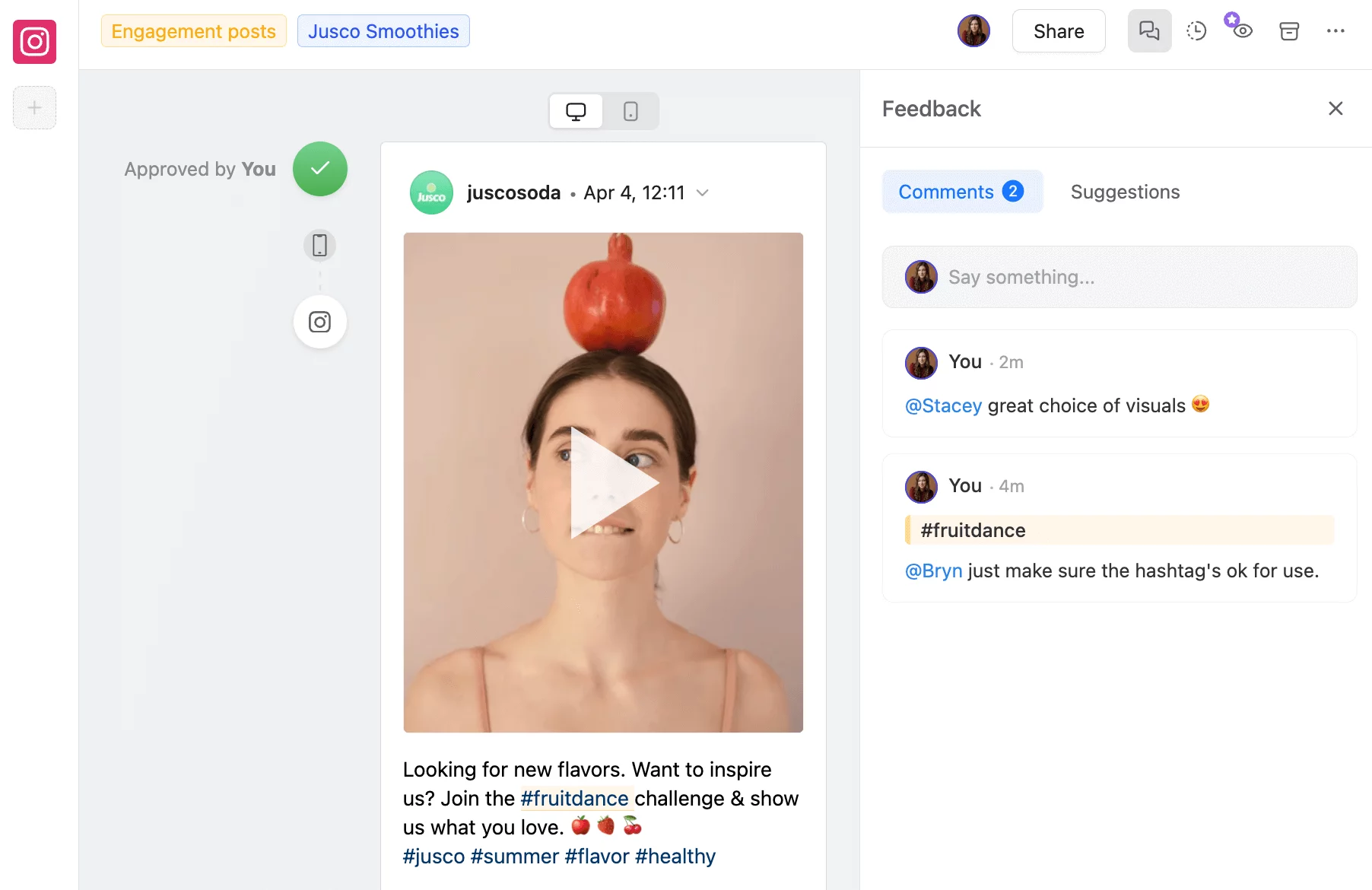 Content collaboration interface in Planable showing a Jusco Smoothies engagement post with a woman balancing a pomegranate on her head, alongside feedback comments.