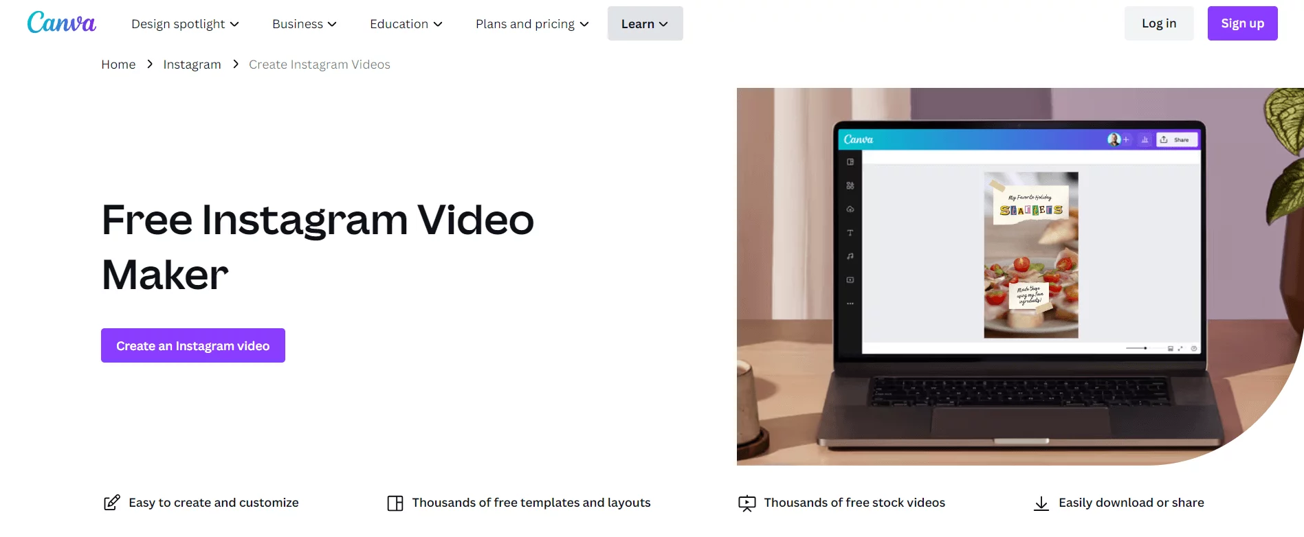 Canva's webpage promoting their Free Instagram Video Maker, showcasing a laptop displaying an Instagram video editing interface.