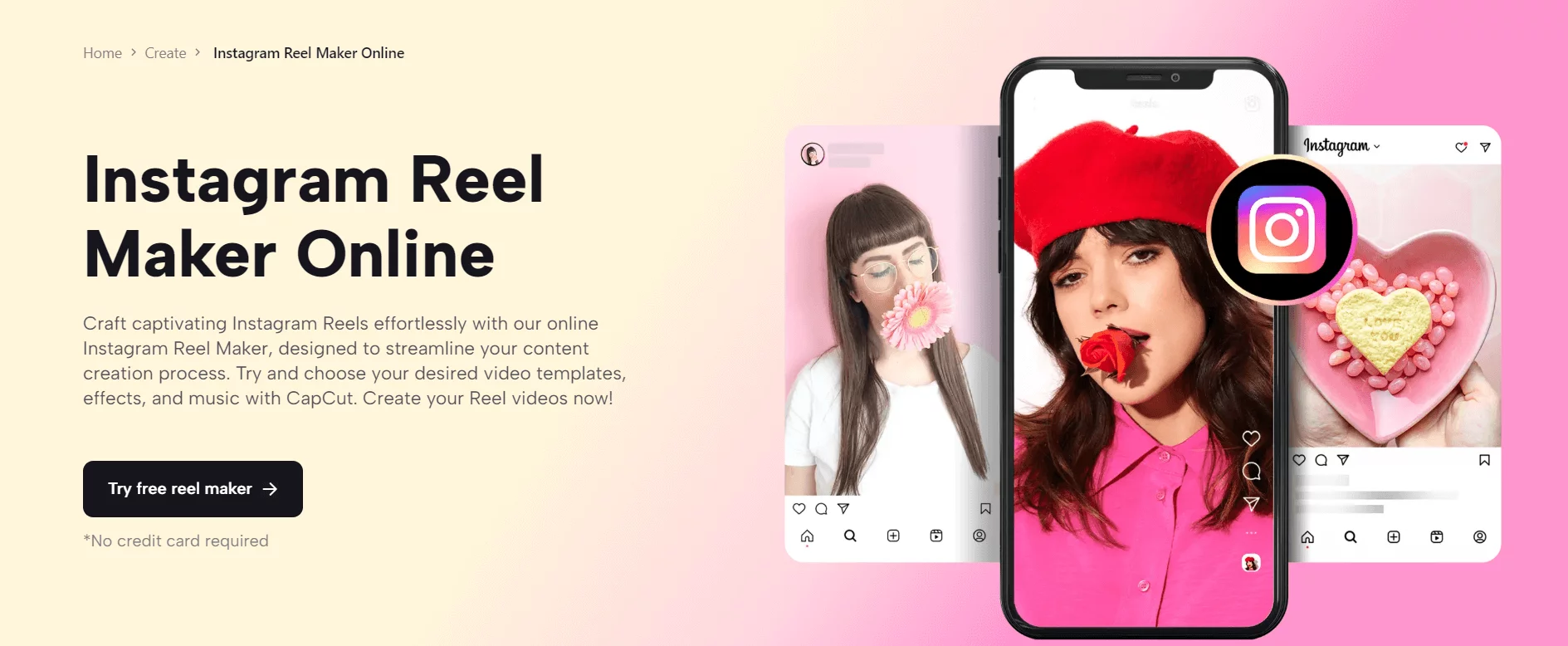 CapCut's webpage promoting an Instagram Reel Maker Online, featuring two women using the app displayed on a smartphone screen.