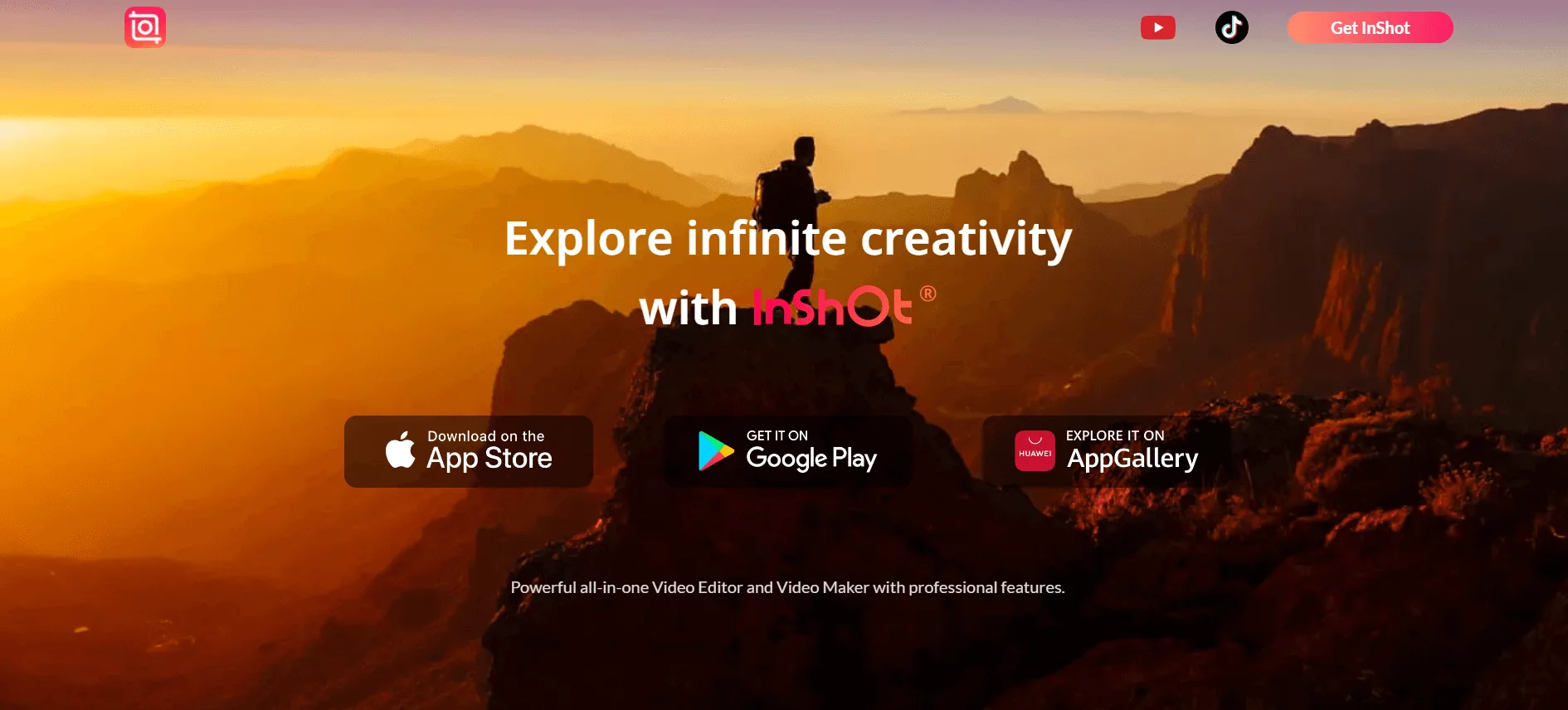 InShot video editing app website header featuring a breathtaking sunset over rugged mountains with a silhouette of a person holding a camera, highlighting the theme "Explore infinite creativity with InShot."